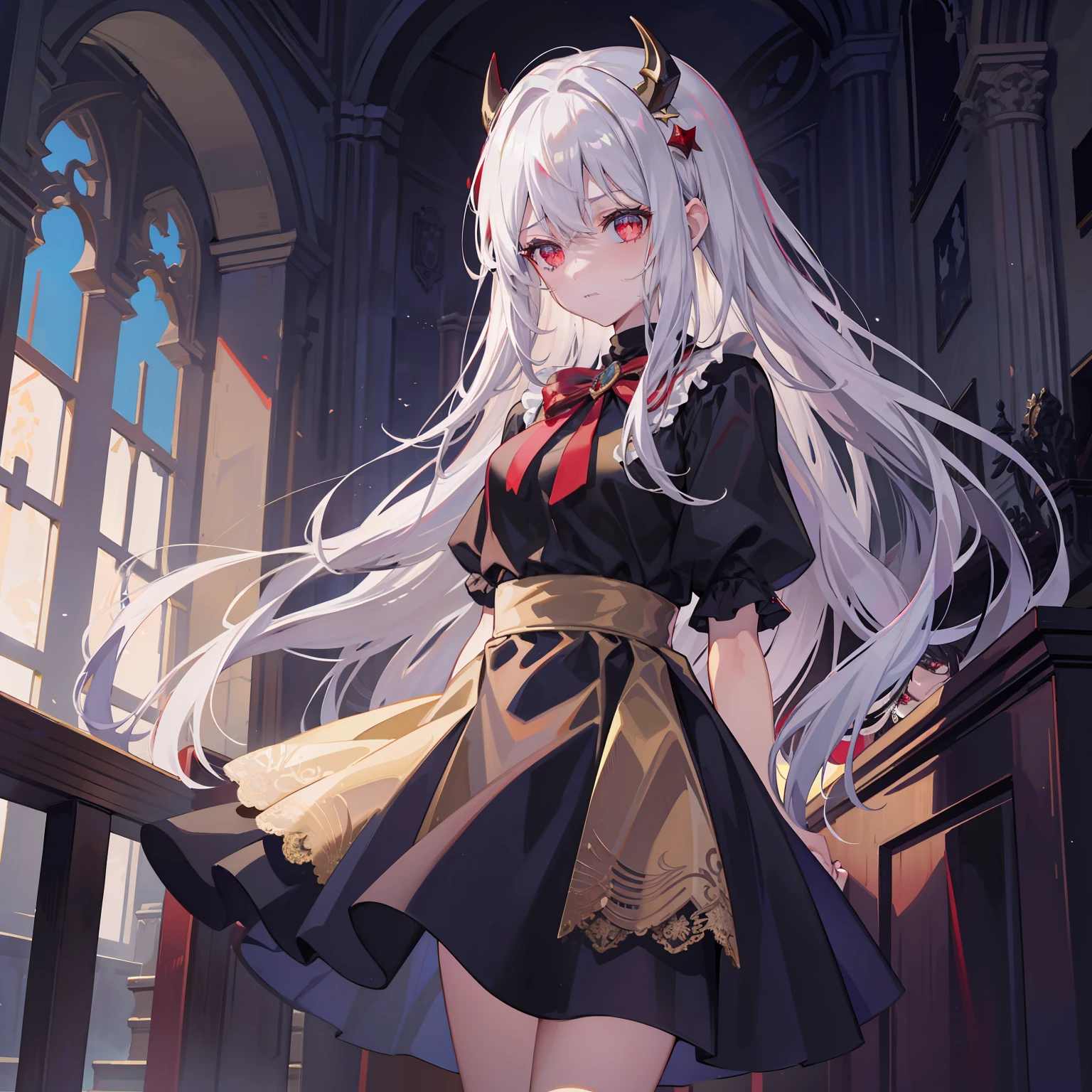 Best quality,tmasterpiece,one-girl,White hair,Red eyes,the hair flutters with the wind,In the daytime,The girl was silent,A faint sadness appeared on his face,A black hairpin pinned to his head,devil horns,She looked cold,Gold dress,Lace-trimmed skirt,Golden dress,There was a light behind him,She stood in the church