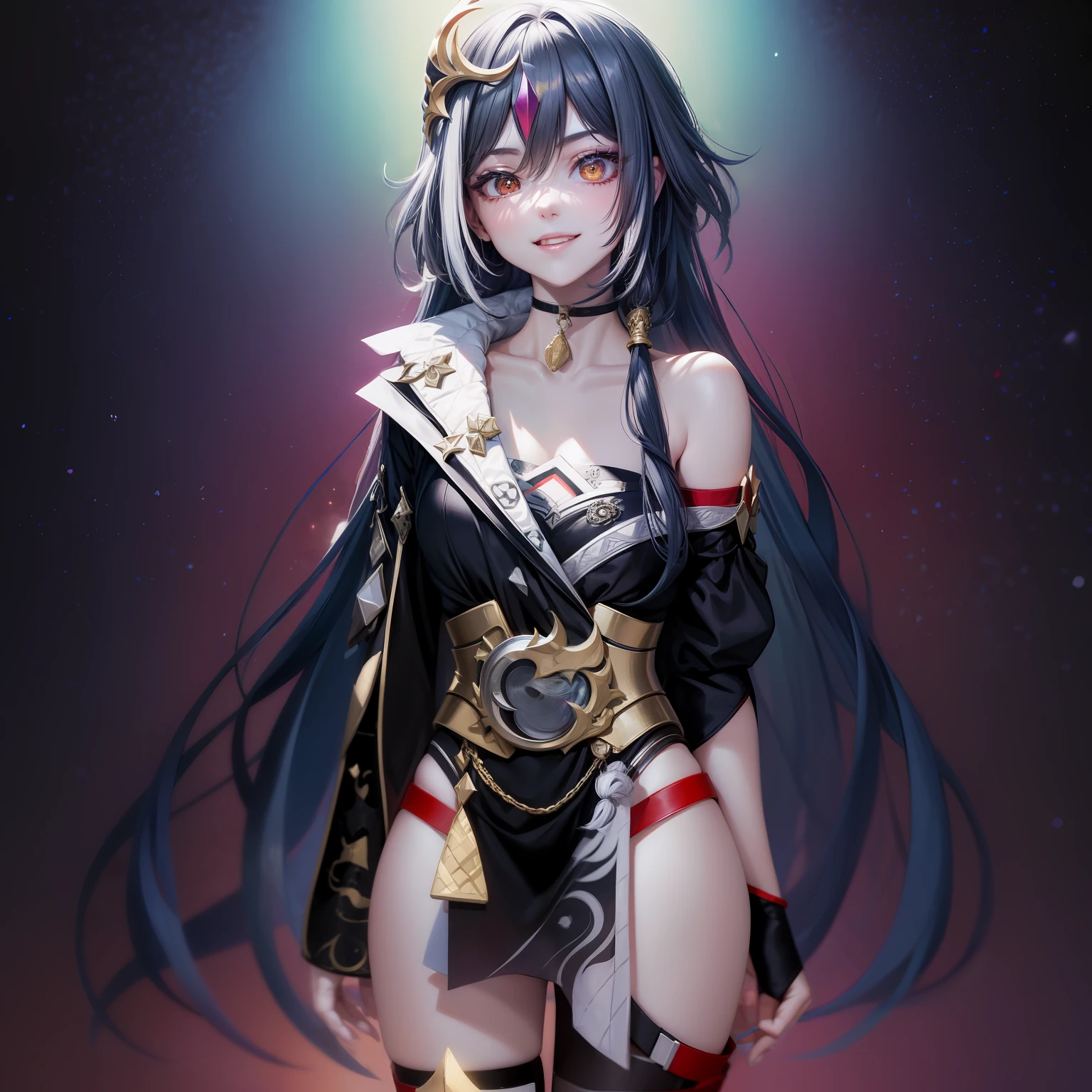 Best quality, Masterpiece, Ultra-detailed, Beautiful, A high resolution, Original, absurderes, Felt, 1girll, Solo, Long_Hair, Looking_at_peeping at the viewer, Smile,A bit obsessive-compulsive, bangs, Nero_Hair, Hair_decorations, Red_Eyes, Hair_between_Eyes, Chinese_clothes, uneven_Sleeves, :D, Simple background, White background, mitts, asymmetrical_Sleeves, Fingerless gloves, High quality, full body detailing, Golden ratio, RAW photo (Short straight black hair) (pale 20-year-old woman, short,head straight-looking at viewer, full bodyesbian, Perfect face, Amazing eyes, Vivid details, (skin with many details), (Dark), aurora, (Backlight: 0.5), Depth of field, Canon 5D, 50mm lens, f/4 aperture, (Super detail), Sharp focus, pastelcolor, 8K, consciousness, 8mm film food, War photography
