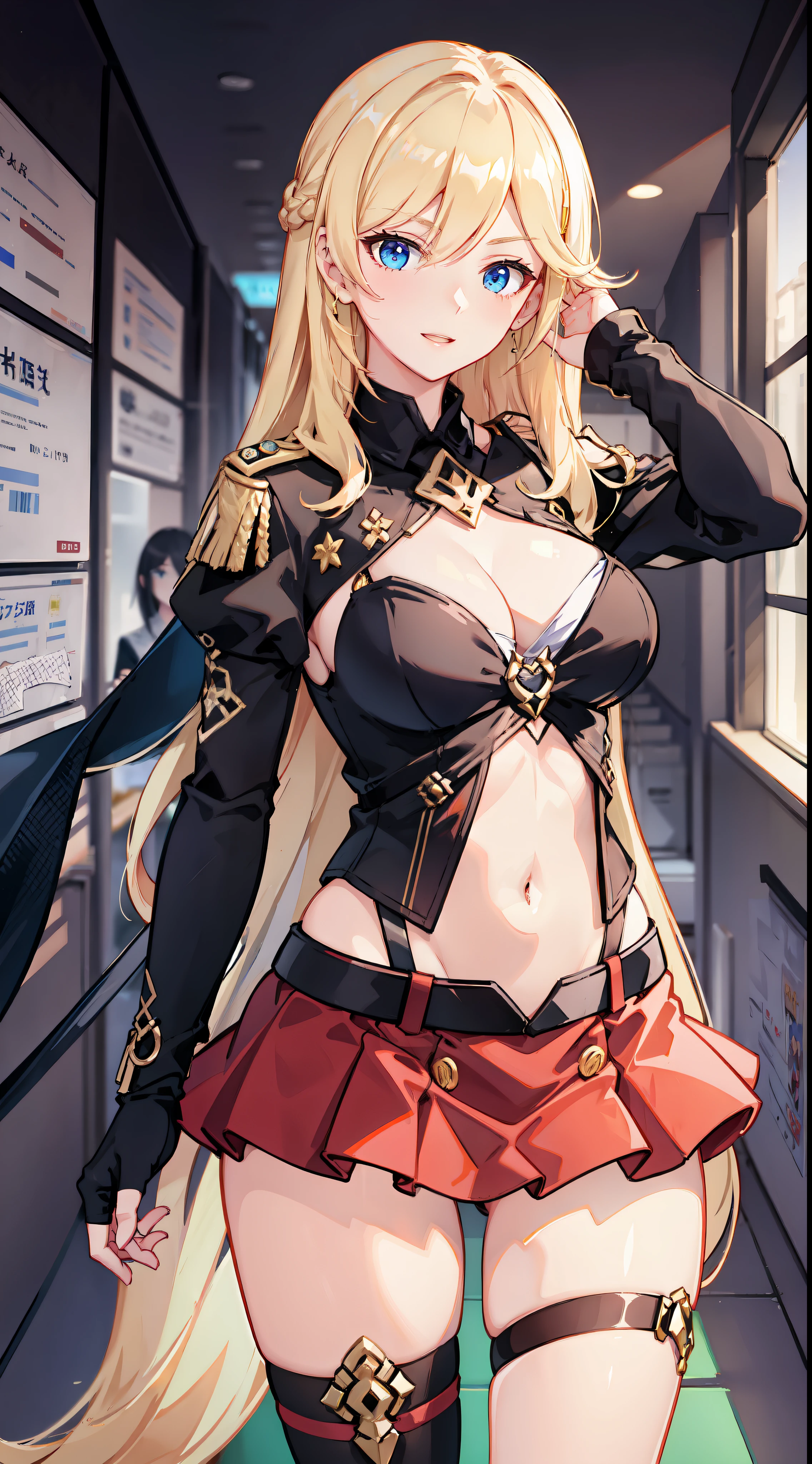 slim legs, cleavage, short skirt, navel, blue eyes, red soldier uniform, thigh high socks, stand, blonde hair, long hair, short skirt, durandal, happy, hallway