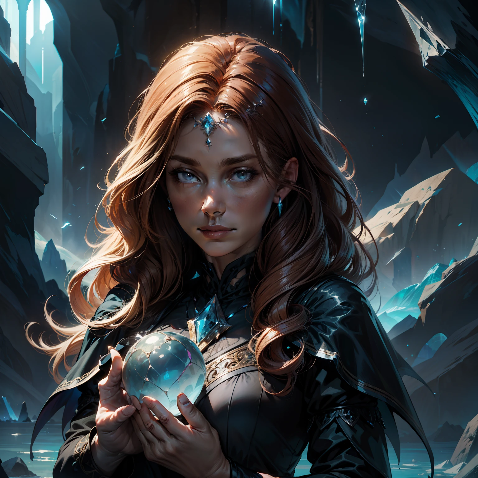 (absurdres, highres, ultra detailed), 1woman, mature female, aged up, wavy long hair, auburn hair, coral eyes, bangs, long sleeves, finely detailed eyes and detailed face, extremely detailed CG unity 8k wallpaper, intricate details, (style-swirlmagic:1.0),  looking at viewer, solo, upper body, detailed background, close up,  detailed face, (gothic dark ages theme:1.1), crystal sorcerer,  dynamic pose, earth themed clothes, crystal crown,  floating in the air, glowing magical shards, surrounded by blue magical crystals,  rock formations, stalactites,  magical floating particles, crystal glass,  crystal sphere, crystal canyon background, (shallow water:0.7),  epic ethereal atmosphere,   updraft,, portrait
