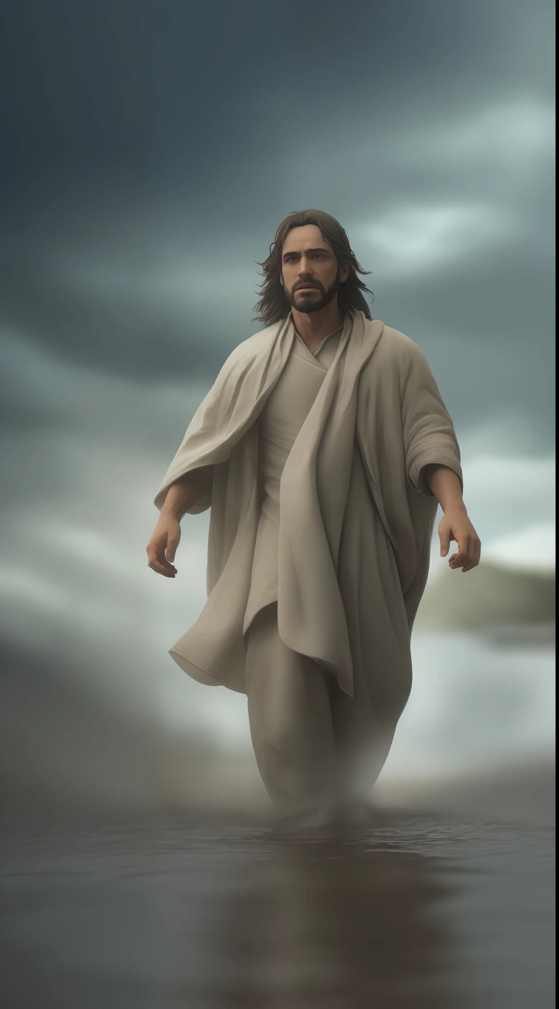 Jesus walking on water in a storm, Smooth Expression, rayas de luz que descienden del cielo, obra maestra, sthe highest qualit, altamente detallada, Unidad CG, 8k papel tapiz, fotos premiadas, bokeh, profundidad de campo, HDR, chromatic abberation, realista, muy minuciosomente detallado, tendencia en artstation y en CGsociety, poderoso motor irreal, complejo con alto detalle, dramatic, arte a mitad de viaje, volumetric illumination