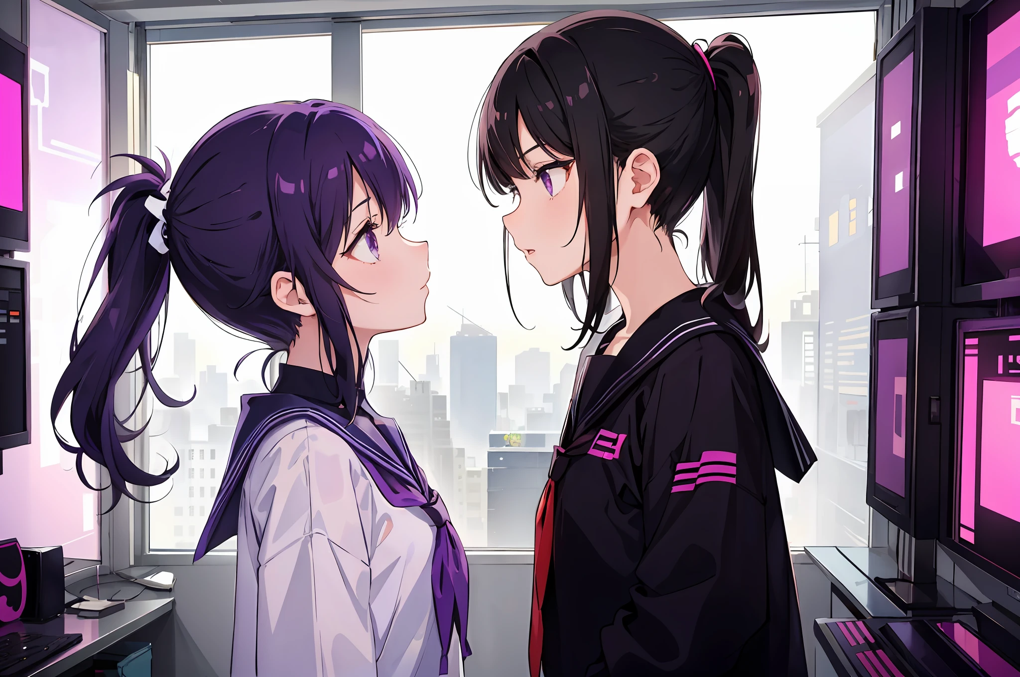 2girl, one is a girl with black hair in a ponytail and a sailor suit with purple eyes, the other is a short girl with black hair in a side ponytail and purple eyes in a sailor suit, (two girls are looking at each other, eye contact, face-to-face), purple cyberpunk landscape, room with many monitor, room with big windows, purple fluorescent light