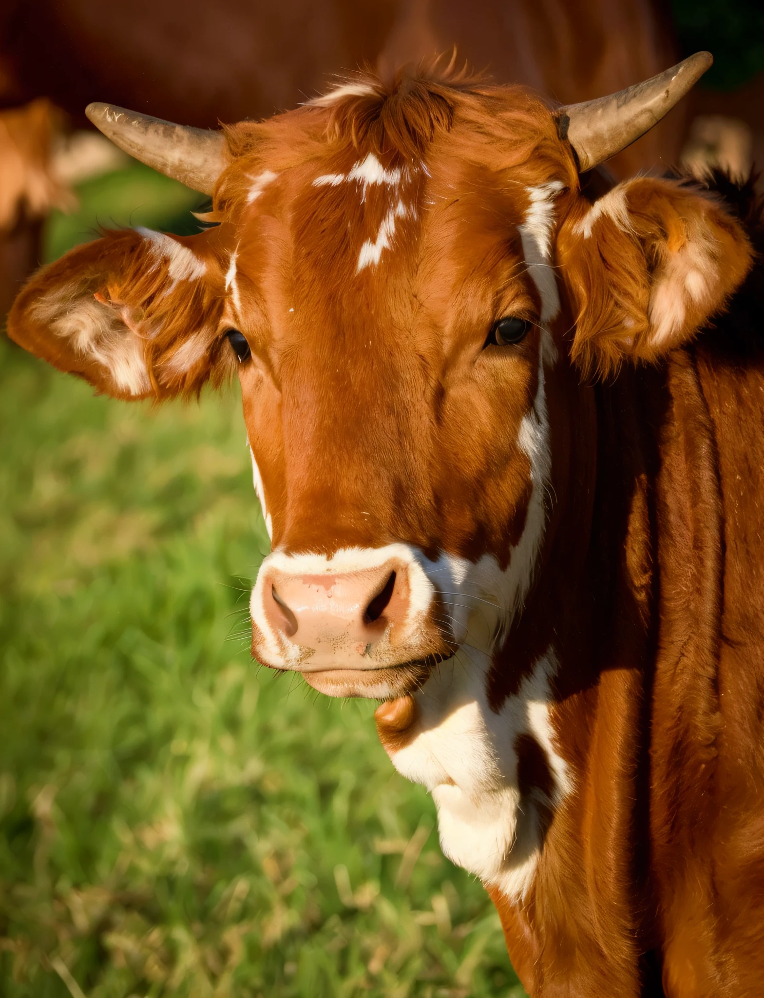 There is a brown cow with horns standing in the field, cow, face of an ox, taur, a cow, Cows, close up portrait shot, author:Matthias Wescher, beef, photo shot, stockphoto, calf, portrait”, that resembles a bull\'s, Nice face, Meaty, medium close up shot, author:Etienne Dressett, cow head