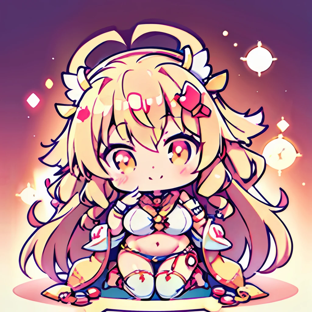 Chibi、shrine maiden、valkyrie、Angel wings、a navel、sideboob barbosa、Complexes、Particles of light、thighs thighs thighs thighs、shinny skin、Perfect litthing、1girl in、looking at the viewers、Winged headgear、pelvis curtain、a smile、(masterpiece)、(top-quality)、Very gigantic-breasts、maternal、Porcelain skin、honey blonde hair、Very long hair、hair wavy