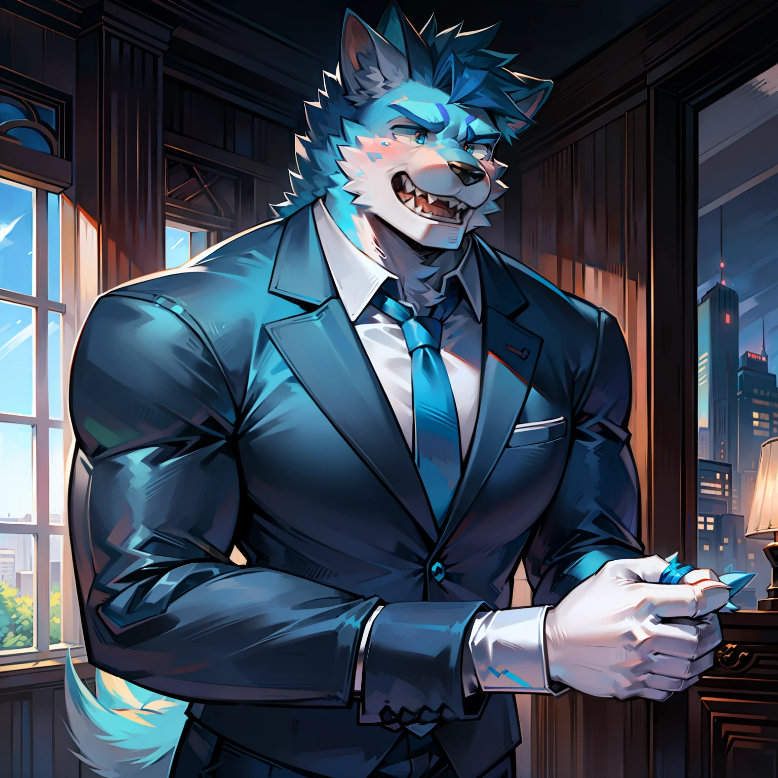 Wolf orcs,younge boy,adolable,Light blue hair,Pull the tie of a wolf orc wearing a suit with light blue fur muscles,Bad laughs