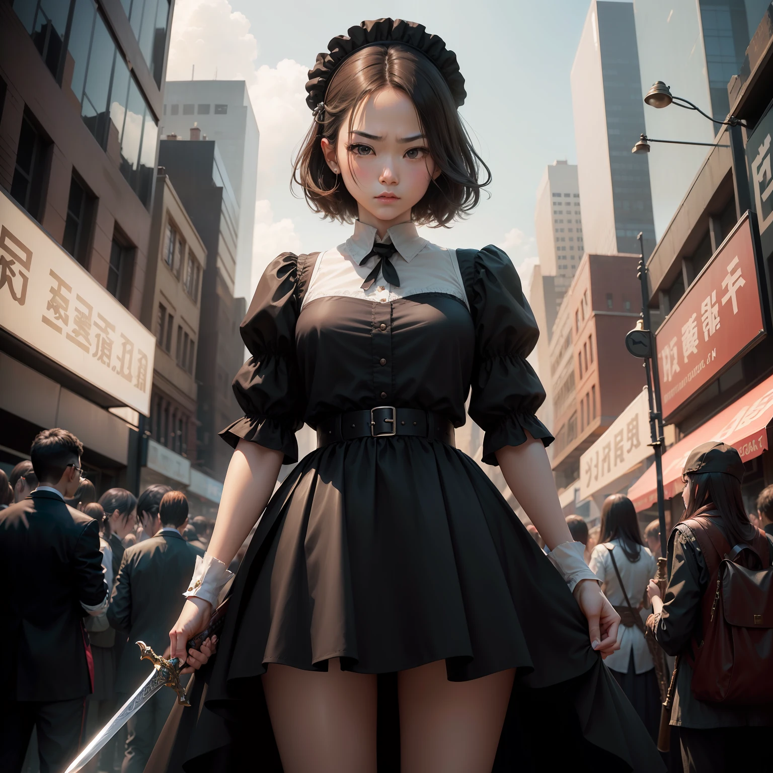 Top image quality、great resolution、ultra-detailliert、Crisp details、most beautiful artwork in the world、Professional spectacular oil painting、with an intricate、high detailing、Modern metropolis、Psychopaths、mad、In the crowd、Girl standing in maid clothes、A slender、Hold a large sword with both hands、Express anger、Powerfully、Point the tip of the sword sharply at us.、