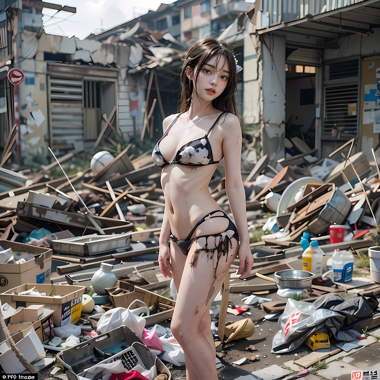 Cidade abandonada，A very cute extreme exhibitionist Korean girl，Sexy pose standing in ruins，don't have clothes，no clothes are worn，Naked all over the body，Garbage all over the ground，grimy， tmasterpiece， Best quality at best， highly  detailed，Masterpiece，best qualtiy，Extreme image quality