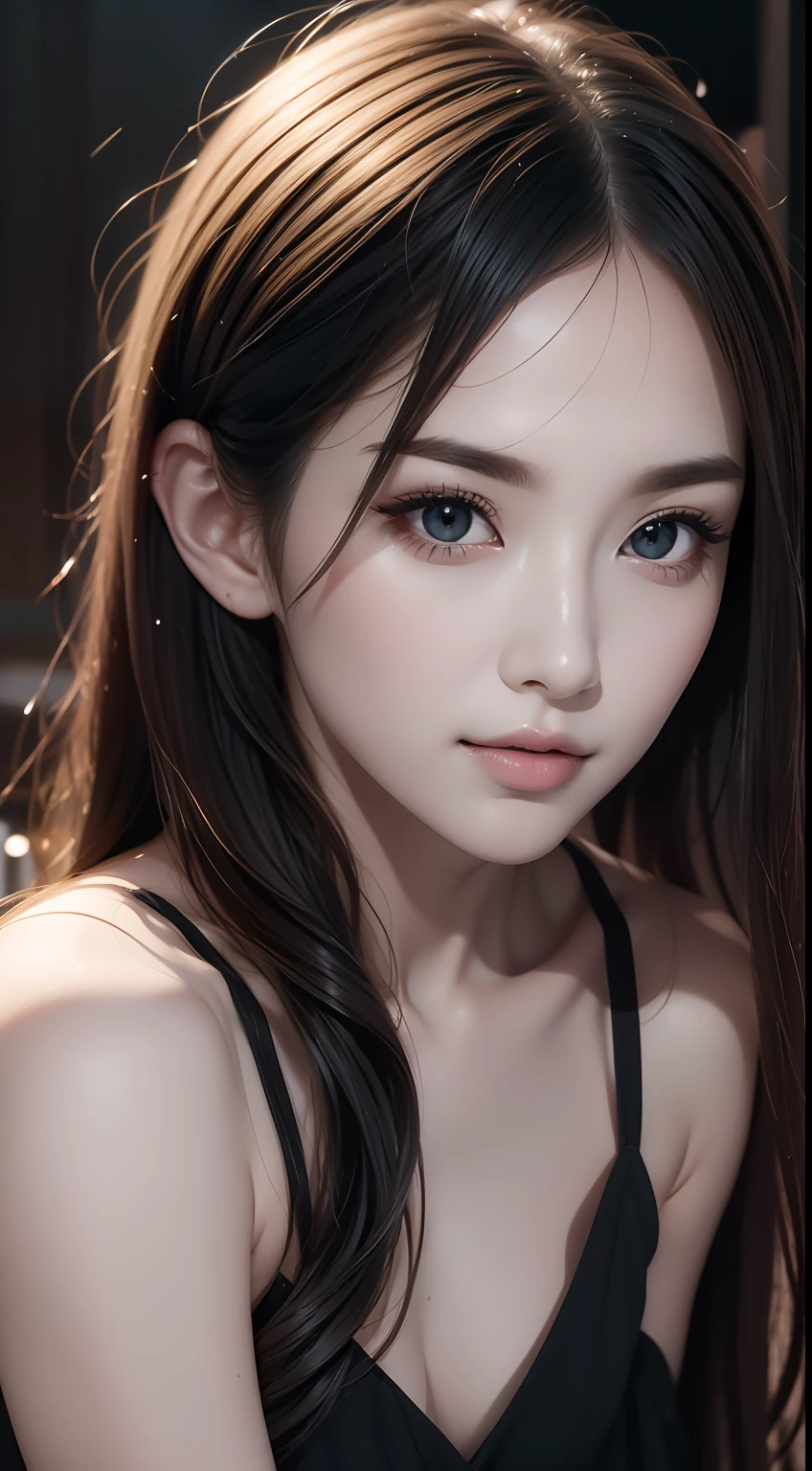 (masterpiece:1.2), (best quality), (ultra detailed), (8k,intricate), (lens 135mm,f1.8),(photorealistic)(black background:1.3),
portrait photography,(upper body:1.3),(off-shoulder),
side lighting,Rim lighting,best shadow,face light source,
perfect anatomy,	perfect face,perfect female body,first-rate female bodies,
Detailed skin texture, detailed cloth texture, detailed beautiful face,exquisitely detailed skin,highly detailed skin,pale skin,detailed hair,glistening skin,