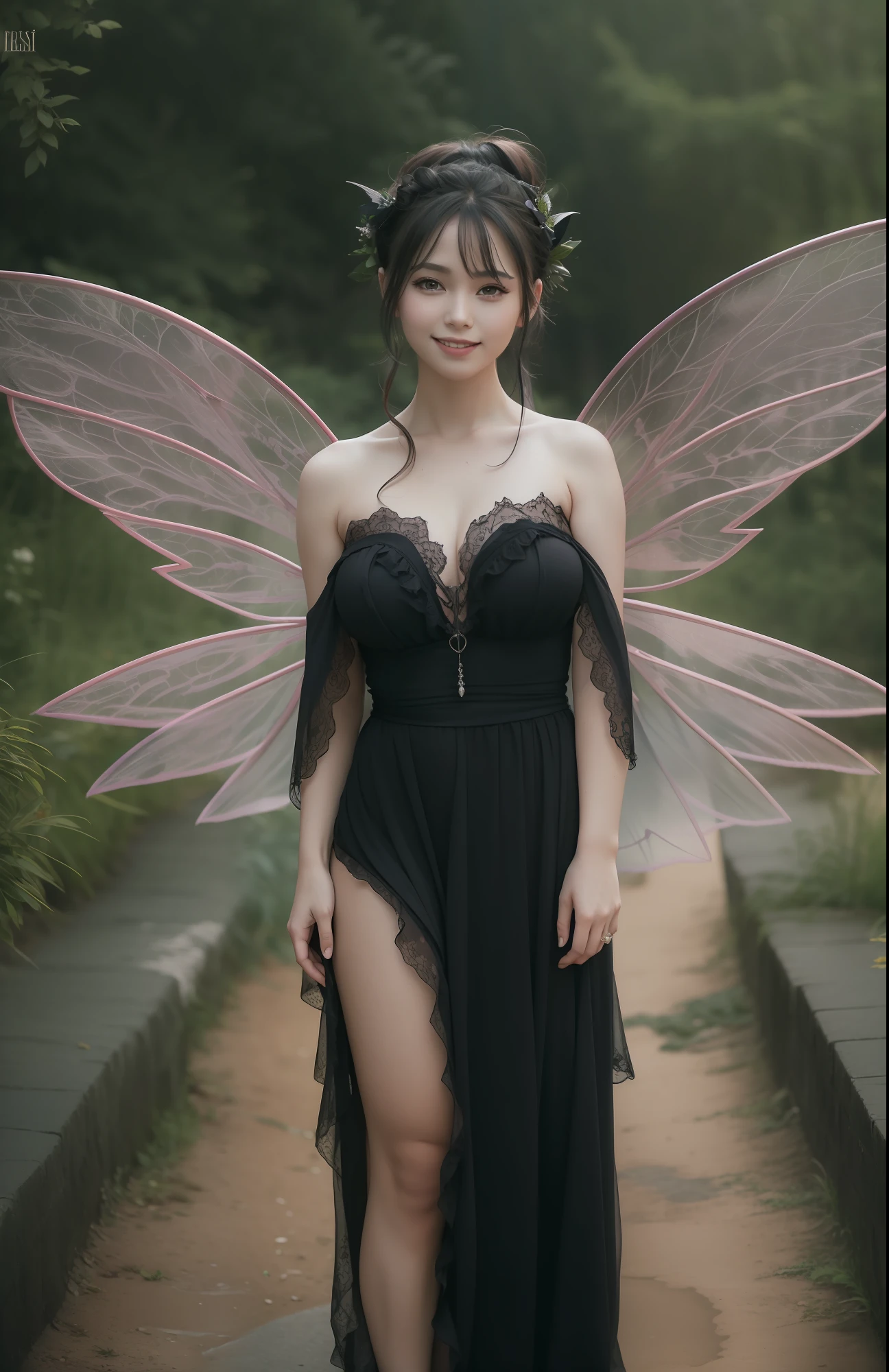 Black cat anthropomorphic fairy、being thin、Photo of a gorgeous 20-year-old Finnish fairy wearing (Black flowing dress:1.2) And (Delicate fairy wings:1.2), Grinning, (looking in camera:1.1), (Sateen:1.1), On the beautiful seaside:,, masutepiece, Barefoot, (Natural lighting:0.8), 8K, ((Realistic)), F/1.1, , the woods、covering the navel、hiding breast、Hide legs、(Curvaceous)femele(flawless skin:1.11)And(teats:1.1)、A smile、full body Esbian、Beautiful standing figure、Sea Fairy