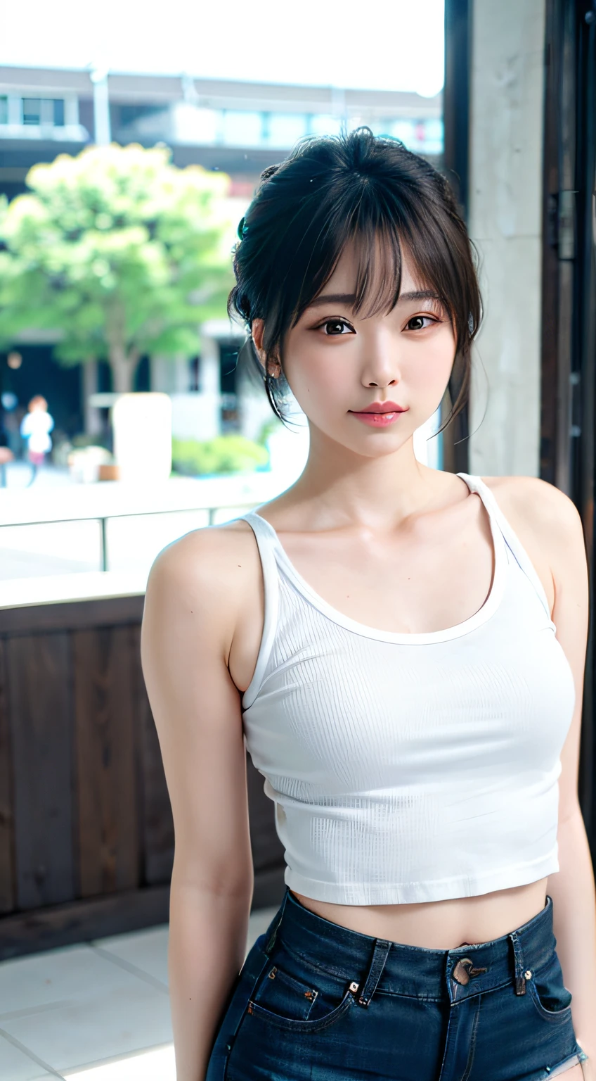 top-quality、 1 a person、tiny chest、tag、with light glowing、blur backgroun、bokeh dof、Open Cafe)、(a person々、Large crowds:1)、Sweat body running playing tight sticky ivory colored crop top and denim shorts、damage jeans、a gorgeous(short-hair、Forehead:1.4)、Sareme、Beautiful sky with details、耳Nipple Ring、 (The upper part of the body:0.8)、Soft lighting、the wind、glowy skin、