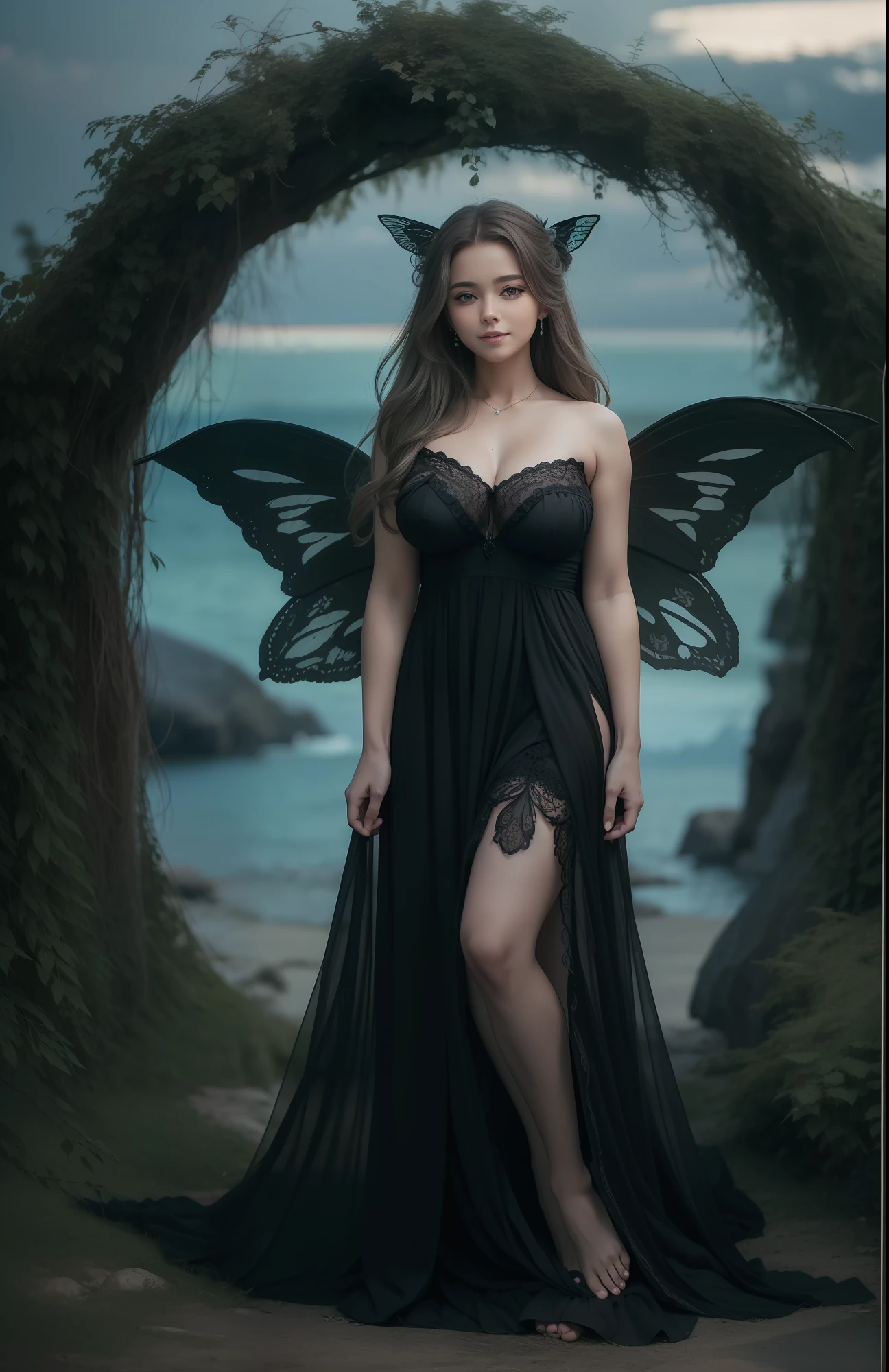 Black cat anthropomorphic fairy、being thin、Photo of a gorgeous 20-year-old Finnish fairy wearing (Black flowing dress:1.2) And (Delicate fairy wings:1.2), Grinning, (looking in camera:1.1), (Sateen:1.1), On the beautiful seaside:,, masutepiece, Barefoot, (Natural lighting:0.8), 8K, ((Realistic)), F/1.1, , the woods、covering the navel、hiding breast、Hide legs、(Curvaceous)femele(flawless skin:1.11)And(teats:1.1)、A smile、full body Esbian、Beautiful standing figure、Sea Fairy
