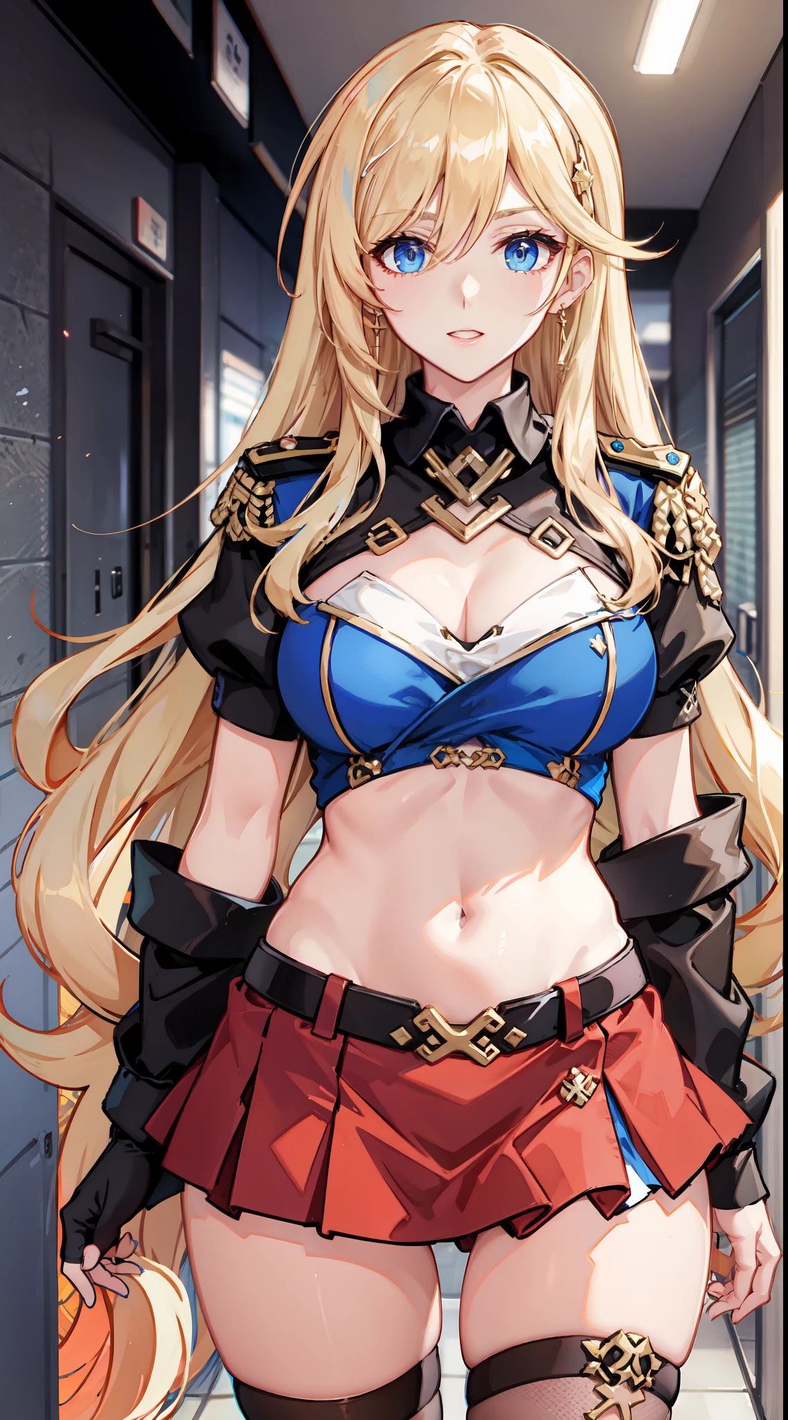 slim legs, cleavage, short skirt, navel, blue eyes, red soldier uniform, thigh high socks, stand, blonde hair, long hair, short skirt, durandal, happy, hallway