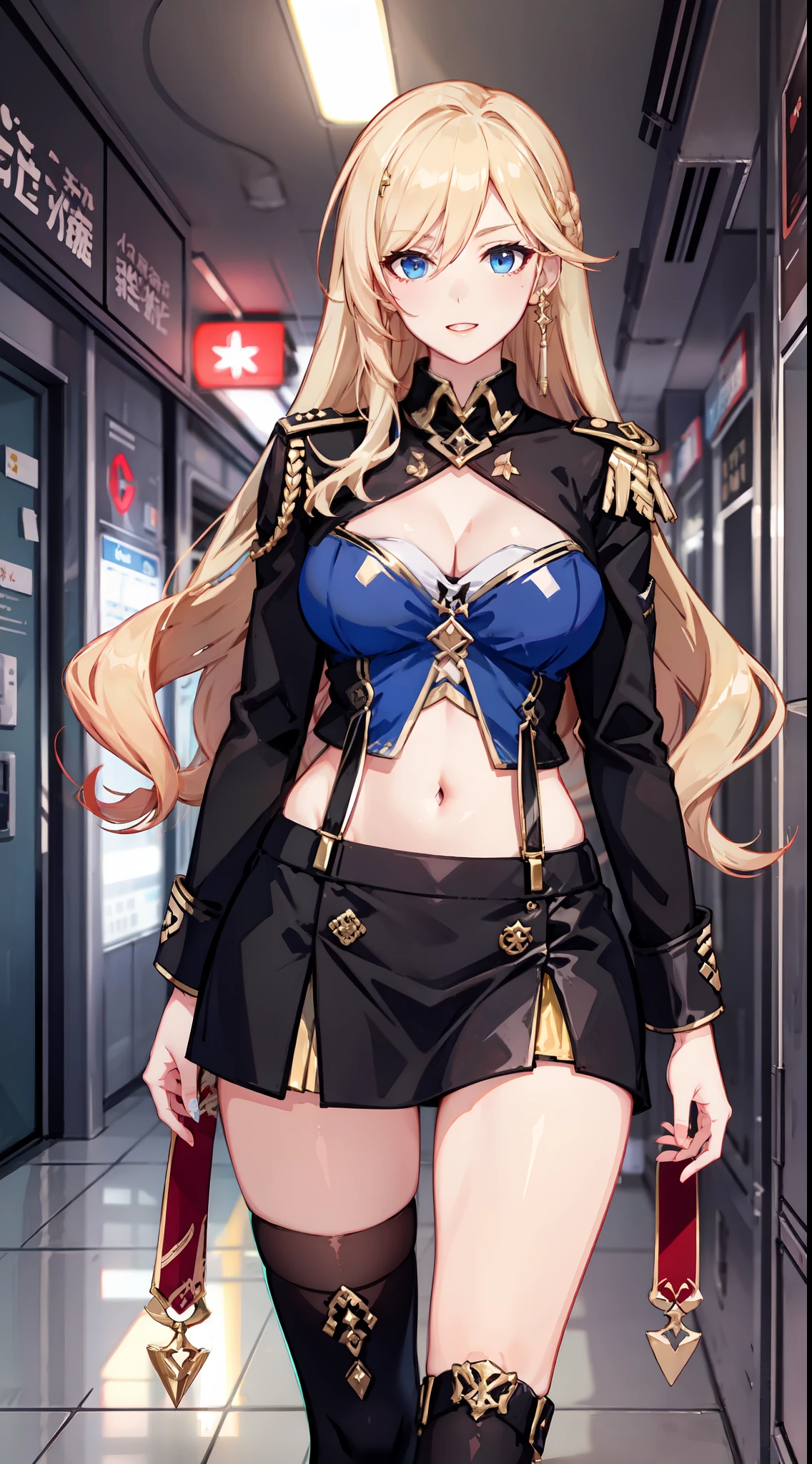 slim legs, cleavage, short skirt, navel, blue eyes, red soldier uniform, thigh high socks, stand, blonde hair, long hair, short skirt, durandal, happy, hallway