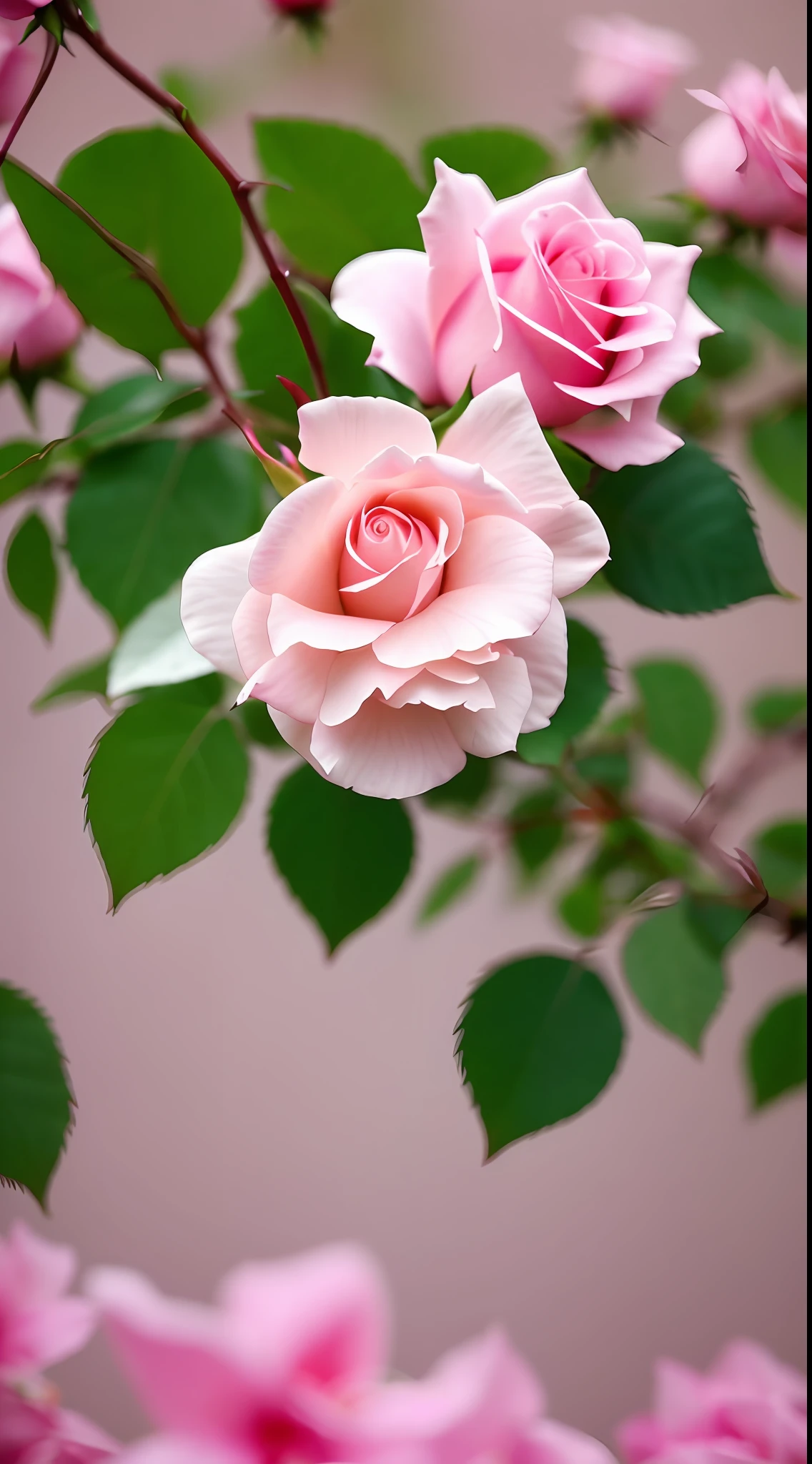 A pink rose grows on the tree, shot with a canon 35mm lens, photo of a rose, taken with a pentax k1000, taken with a pentax1000, rose twining, Pink rose, melanchonic rose soft light, shot in canon 50mm f/1.2