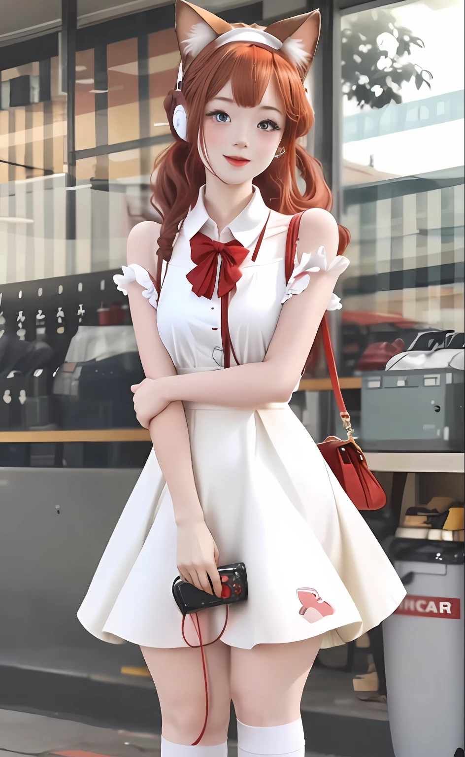 whaite hair,Red pupils,Short white dress,cat ear,Earphone,full bodyesbian,Calf socks