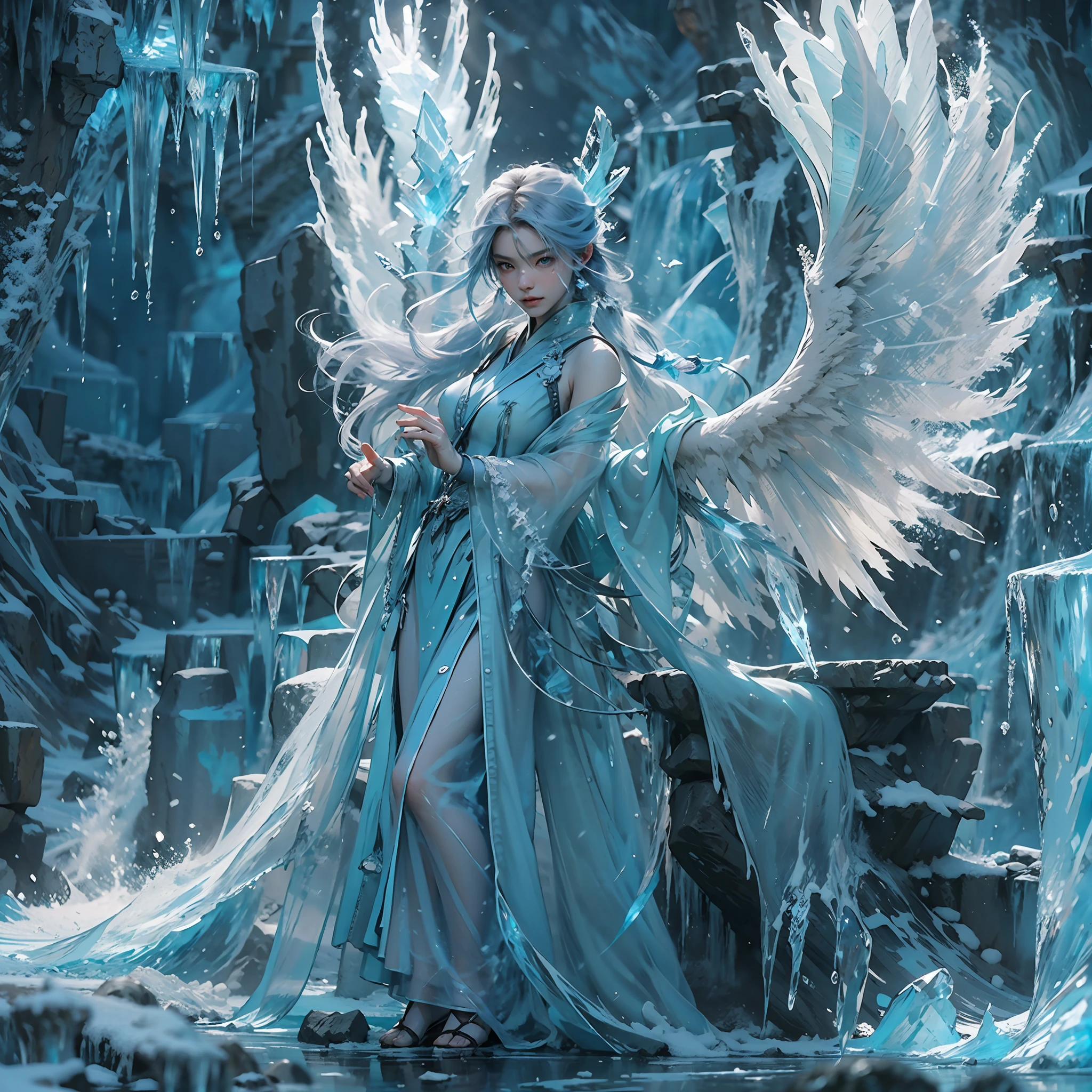 (((1girll)))，Imperial water，A magician，（Loose dress：1.5），（Perfect facial features：1.4），（Blue silk robe），（Mysterious magic formations：1.2），Blue glow，（Frost wings），(((Powerful ice magic)))，(((Icicles)))，Towering over the landscape，Blue light cold light，(((Ice storms)))，Wind，((Flying snow ice and snow))，Amazing results，,best qualityer,tmasterpiece,超高分辨率,finely detailled,Complicated details,8K分辨率,8KUCG wallpaper,hdr,water blue,Magic Array,Cinematic lighting effects,lightand shade contrast，Ray traching、NVIDIA RTX