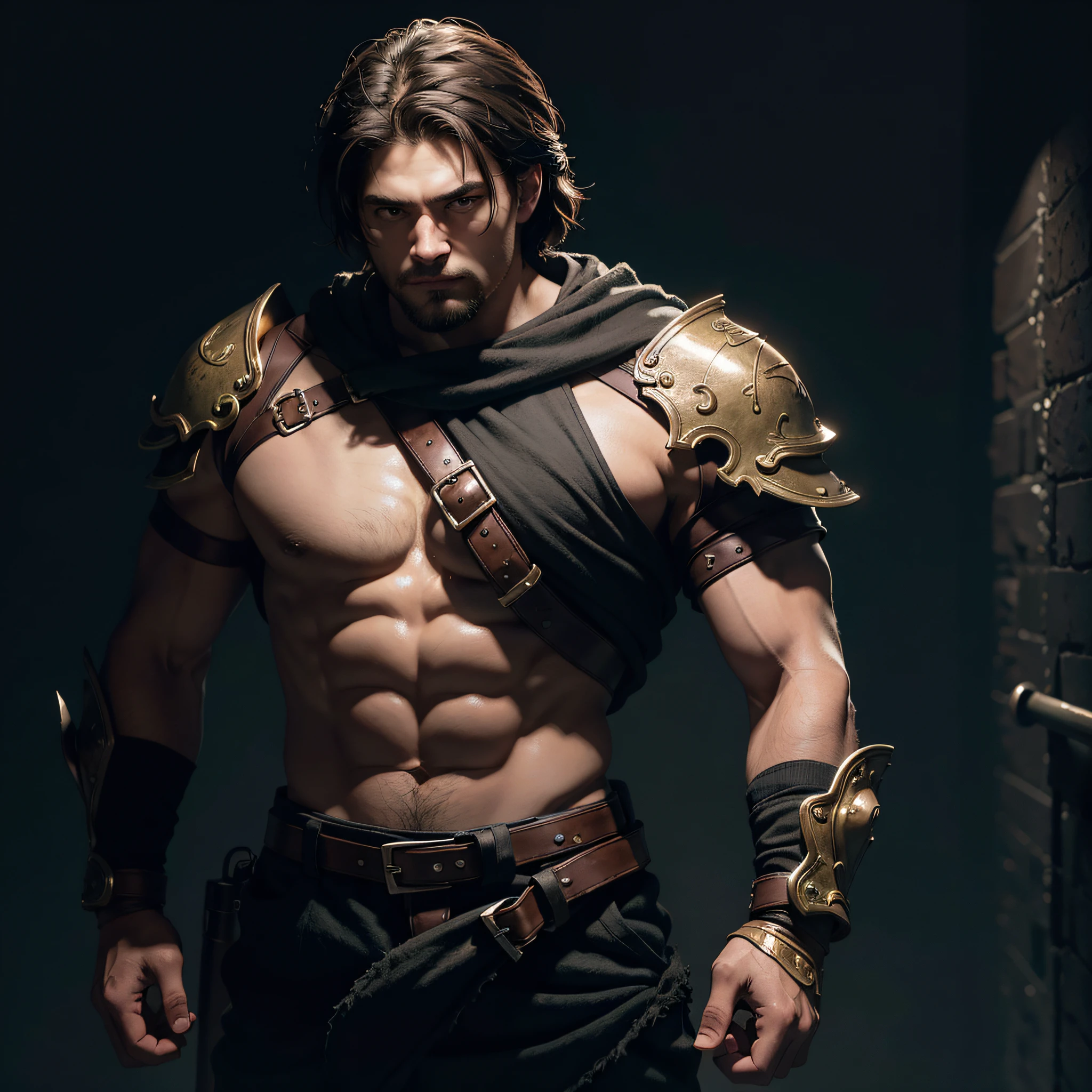 offcial art, Unity 8k wallpaper, Ultra detailed, Aesthetic, Masterpiece, Best quality, Photorealistic, rampage，Man standing with elbows hugged，Dark background wall，Young and strong