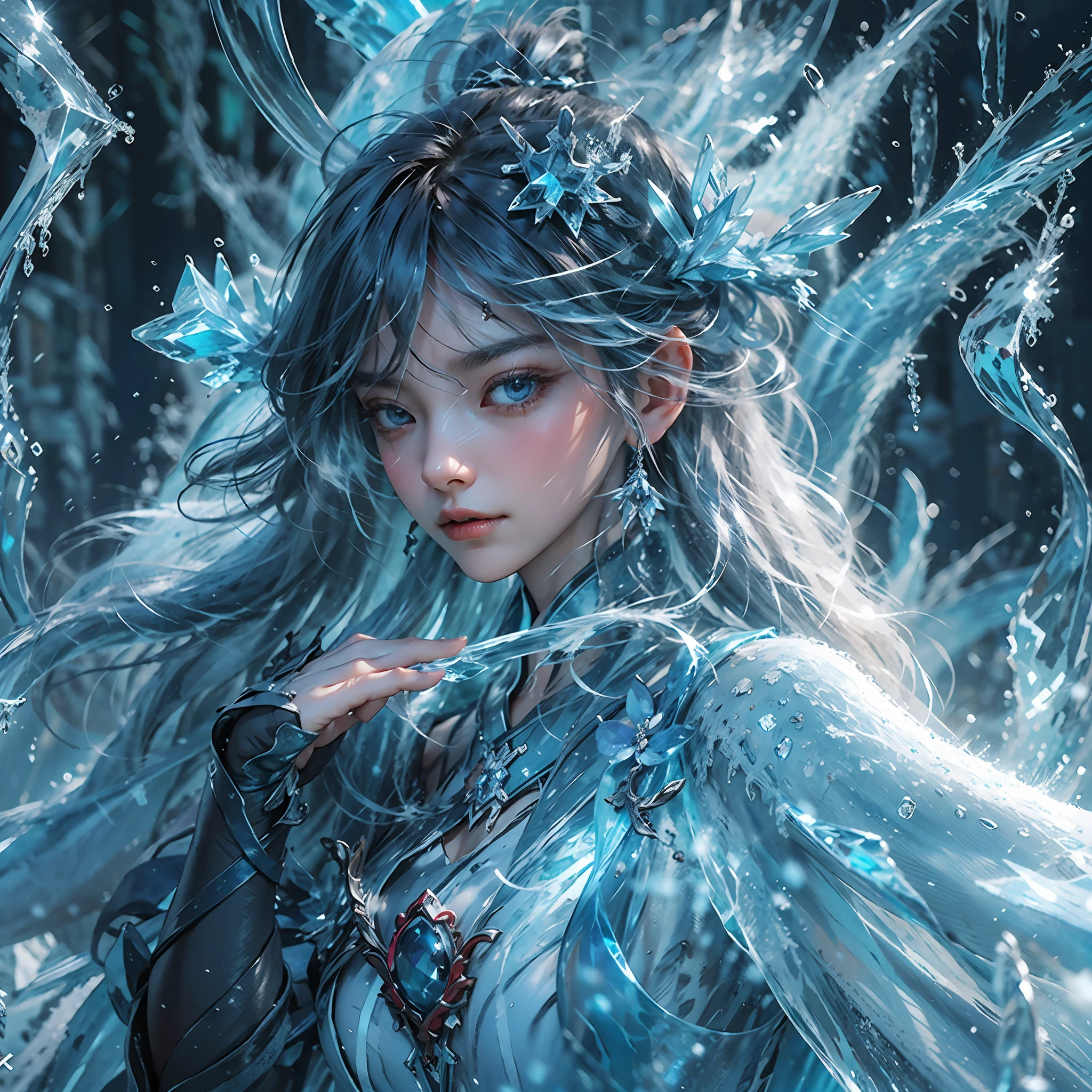(((1girll))),Imperial water,A magician,(Loose dress:1.5),(Perfect facial features:1.4),(Blue silk robe),(Mysterious magic formations:1.2),Blue glow,(Frost wings),(((Powerful ice magic))),(((Icicles))),Towering over the landscape,Blue light cold light,(((Ice storms))),Wind,((Flying snow ice and snow)),Amazing results,,best qualityer,tmasterpiece,超高分辨率,finely detailled,Complicated details,8K分辨率,8KUCG wallpaper,hdr,water blue,Magic Array,Cinematic lighting effects,lightand shade contrast,Ray traching、NVIDIA RTX