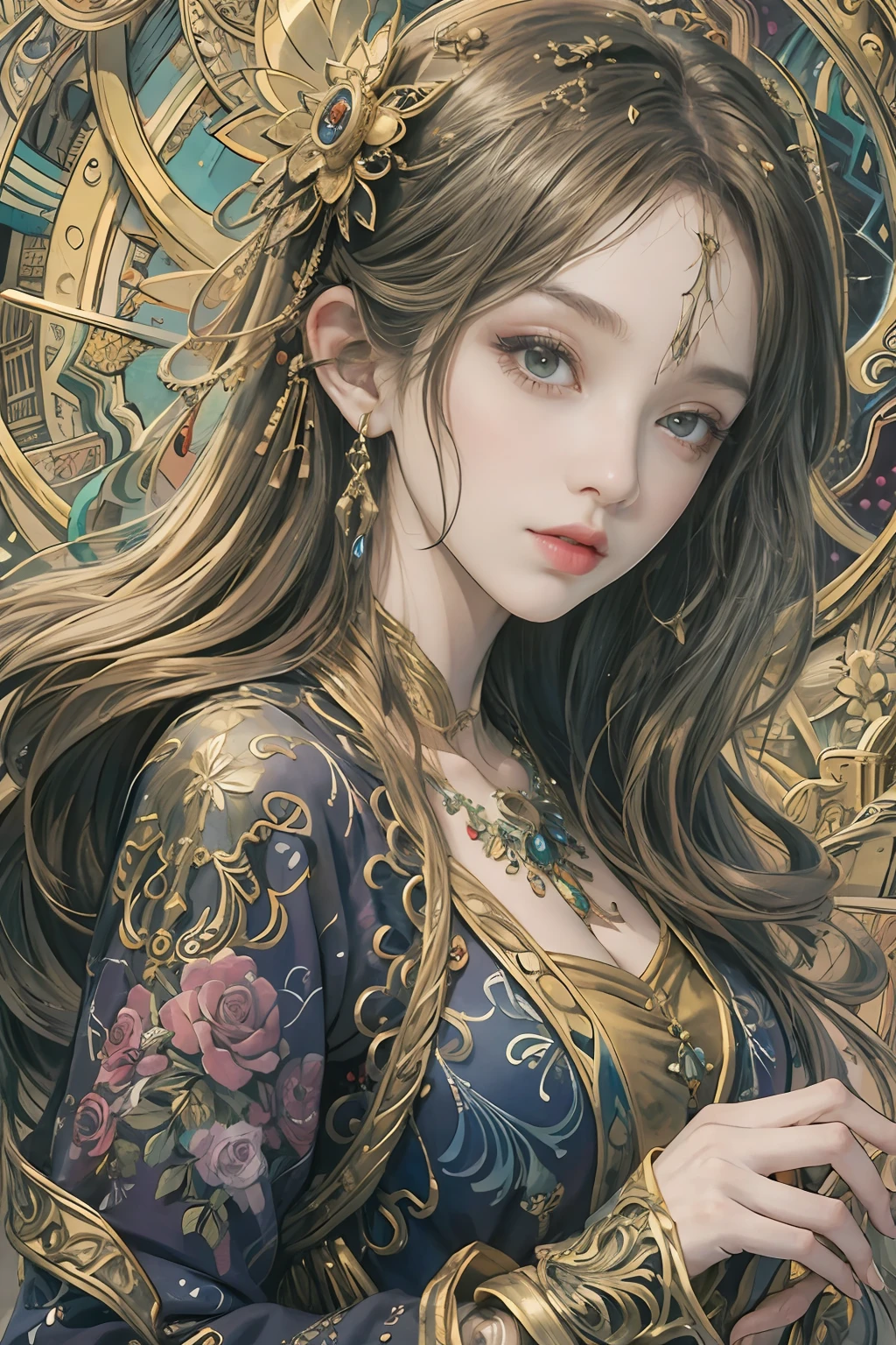 (masterpiece, top quality, best quality, official art, beautiful and aesthetic:1.2), (1girl), extreme detailed,colorful,highest detailed, official art, unity 8k wallpaper, ultra detailed, beautiful and aesthetic, beautiful, masterpiece, best quality, (zentangle, mandala, tangle, entangle) ,holy light,gold foil,gold leaf art,glitter drawing, PerfectNwsjMajic