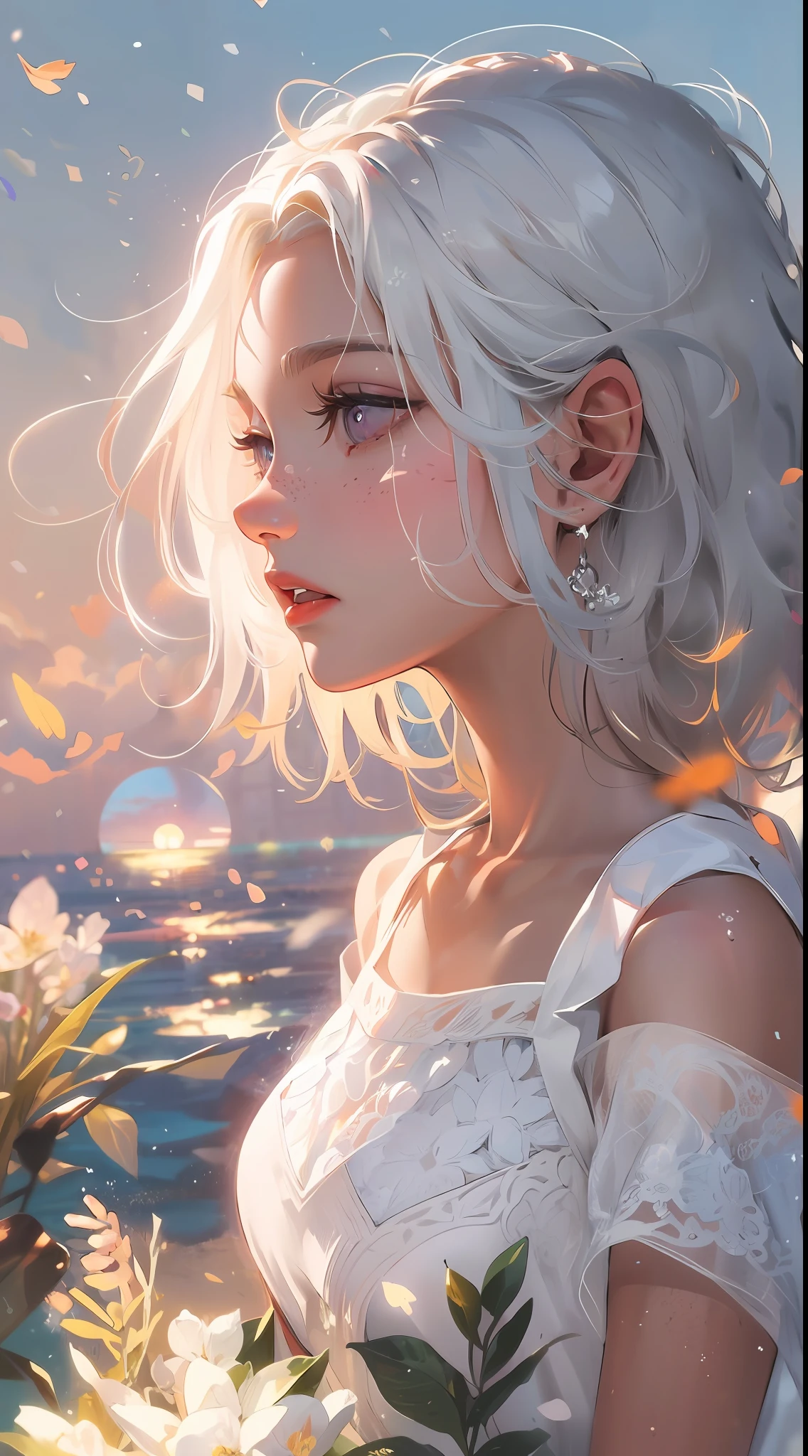 Realistic, 1girl, white hair, purple eyes, glowing eyes, cropped top, skirt, parted lips, blush, night, flowers, sun, sunlight, white skirt, short skirt, medium length hair, real, warm colors, white short Dress, white clothes, light background color, day environment, bright color background, saudi, ocean, cute,