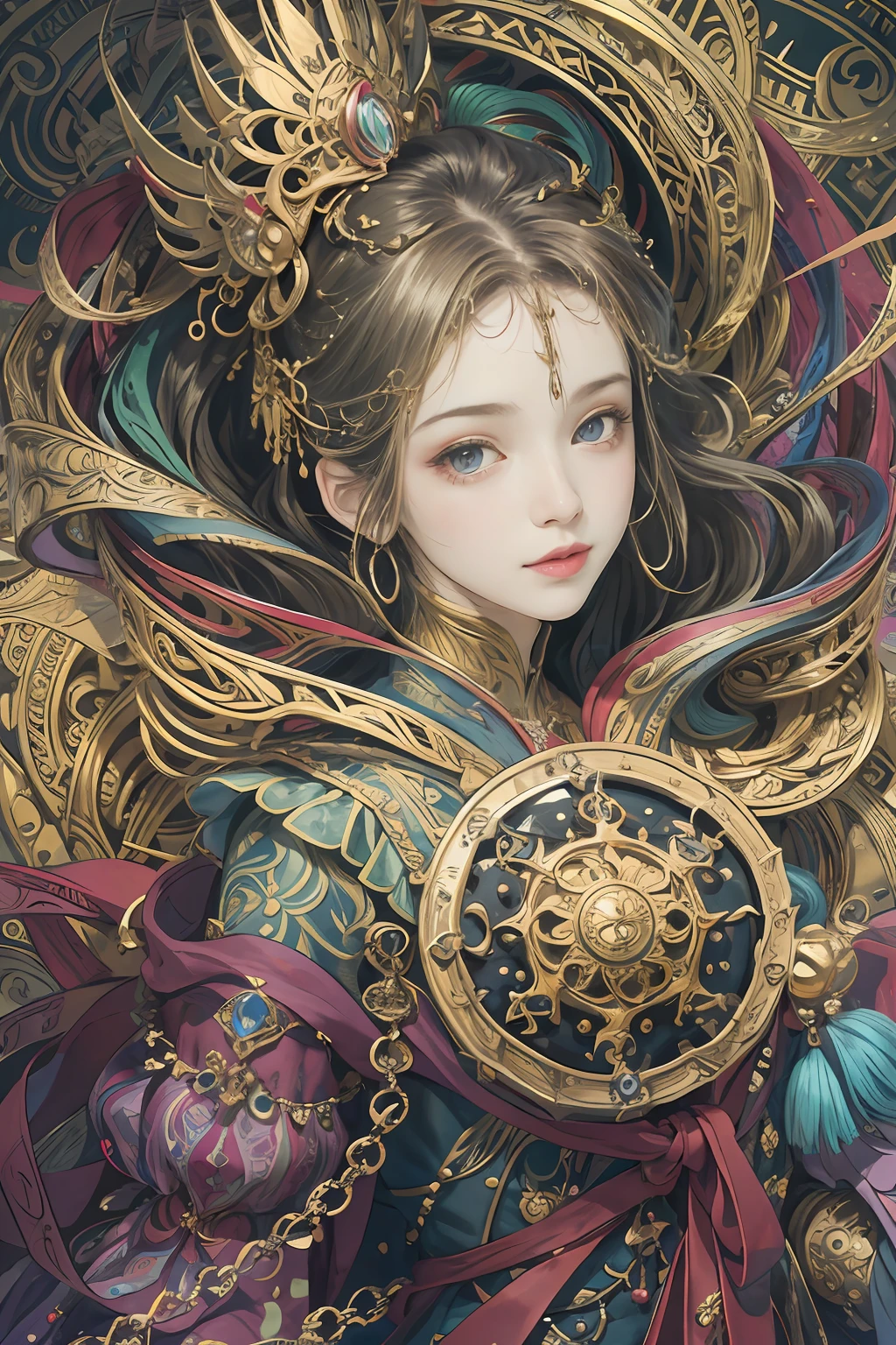 (masterpiece, top quality, best quality, official art, beautiful and aesthetic:1.2), (1girl), extreme detailed,colorful,highest detailed, official art, unity 8k wallpaper, ultra detailed, beautiful and aesthetic, beautiful, masterpiece, best quality, (zentangle, mandala, tangle, entangle) ,holy light,gold foil,gold leaf art,glitter drawing, PerfectNwsjMajic