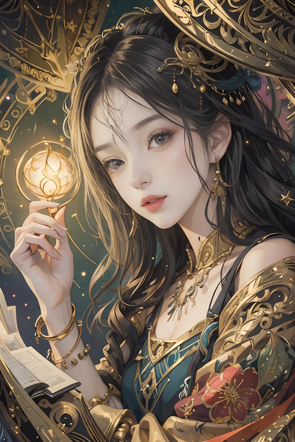 (masterpiece, top quality, best quality, official art, beautiful and aesthetic:1.2), (1girl), extreme detailed,colorful,highest detailed, official art, unity 8k wallpaper, ultra detailed, beautiful and aesthetic, beautiful, masterpiece, best quality, (zentangle, mandala, tangle, entangle) ,holy light,gold foil,gold leaf art,glitter drawing, PerfectNwsjMajic