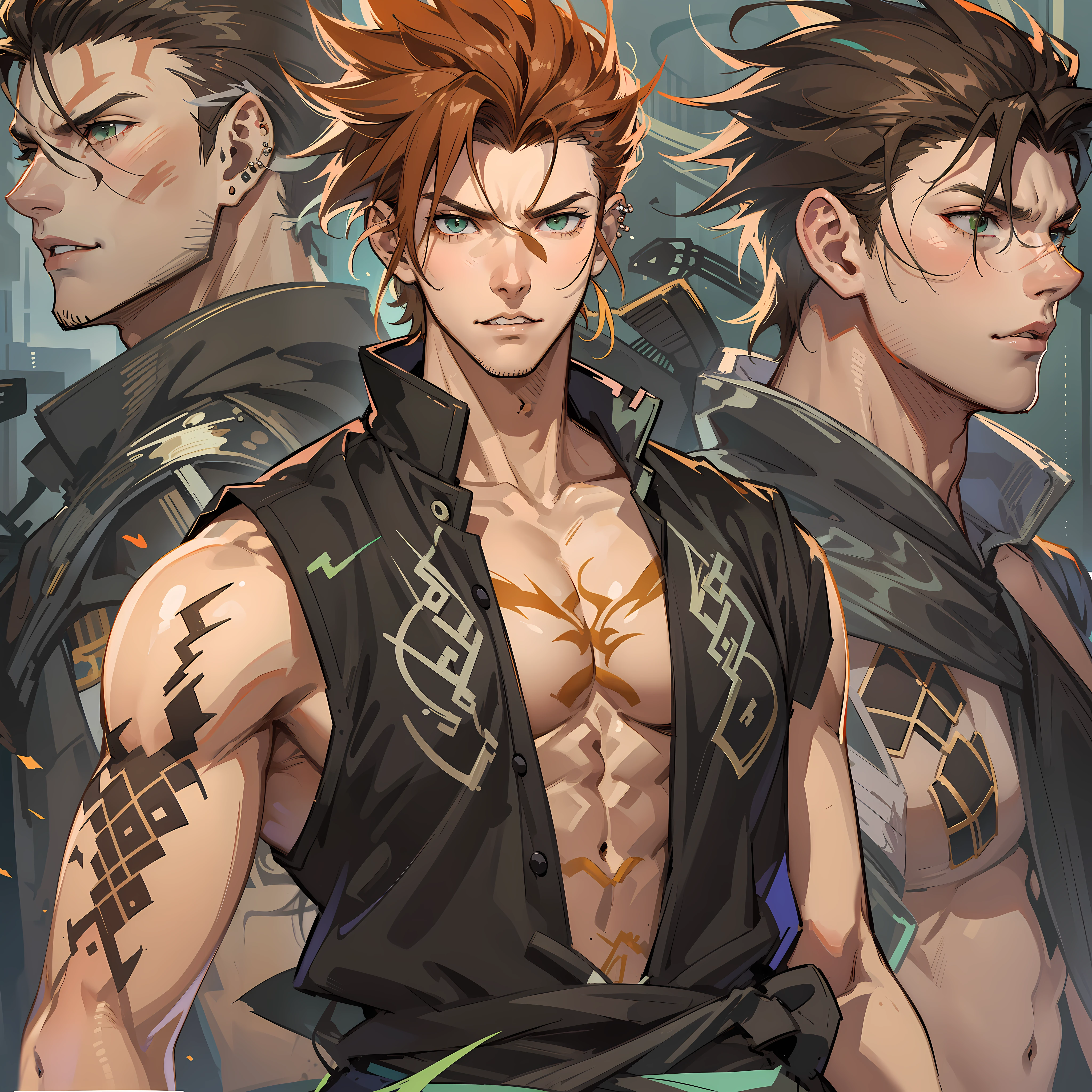tall and muscular young man, standing at 6’2". He has sandy brown hair that is styled in a short, spiky manner. His piercing green eyes are filled with determination and a hint of mischief. Renji has a few subtle scars on his face, giving him a rugged and battle-hardened appearance. He has a strong jawline and a faint stubble, adding to his rugged charm.
Renji wears a black sleeveless ninja attire with intricate silver patterns that resemble lightning bolts, symbolizing his lightning nature affinity.