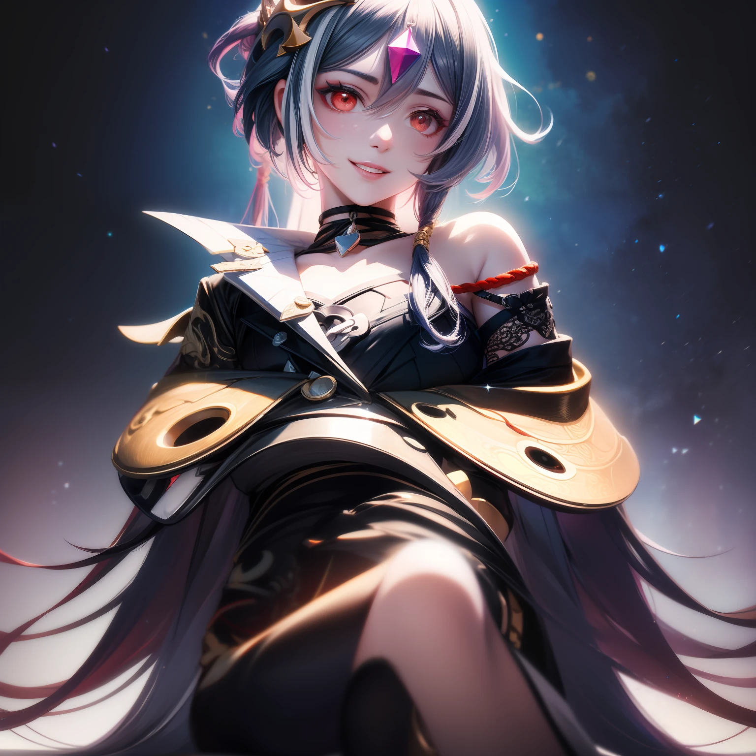 Best quality, Masterpiece, Ultra-detailed, Beautiful, A high resolution, Original,photorealestic,realisticlying, absurderes, Felt, 1girll, Solo, Long_Hair, Looking_at_peeping at the viewer, Smile,A bit obsessive-compulsive, bangs, Nero_Hair, Hair_decorations, Red_Eyes, Hair_between_Eyes, Chinese_clothes, uneven_Sleeves, :D, Simple background, White background, mitts, asymmetrical_Sleeves, Fingerless gloves, High quality, full body detailing, Golden ratio, RAW photo (Short straight black hair) (pale 20-year-old woman, short,head straight-looking at viewer, full bodyesbian, Perfect face, Amazing eyes, Vivid details, (skin with many details), (Dark), aurora, (Backlight: 0.5), Depth of field, Canon 5D, 50mm lens, f/4 aperture, (Super detail), Sharp focus, pastelcolor, 8K, consciousness, 8mm film food, War photography