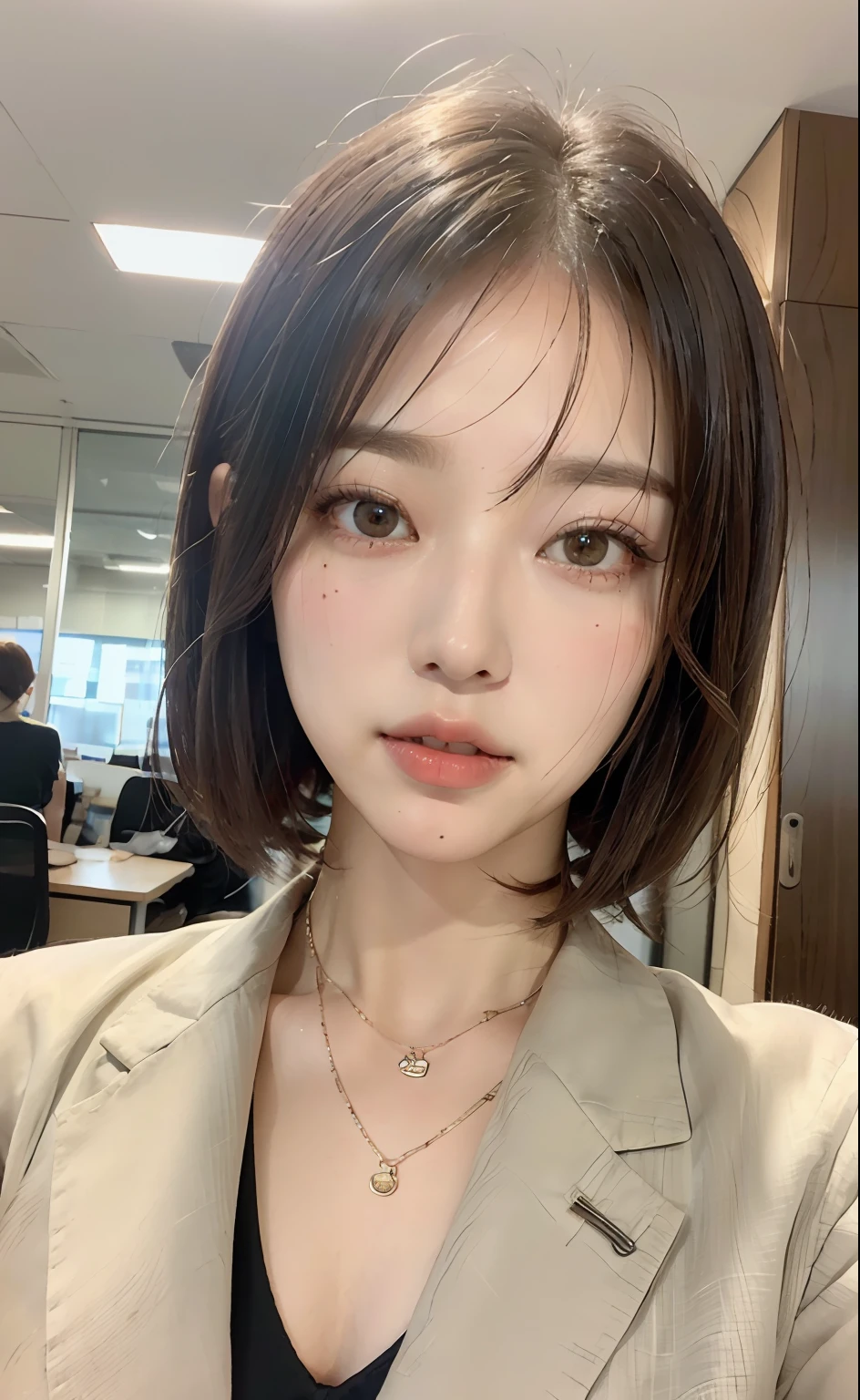 ((top-quality、8K、masterpiece:1.3))、Beautuful Women、1girl in、(cute little)、Slender Abs:1.1、doress、((short-hair))、hyperdetailed face、very detailed lips、A detailed eye、二重まぶた、Colossal tits、(well-groomed bangs.1.3)、dark brown hair、big eye、enticing lips、The corners of the mouth rise、Black eye、cute wan asian face, the face of a beautiful Japanese girl, with short hair with bangs, white hime cut hairstyle、Slender eyes、s Office、Suits、Women's Suits、
