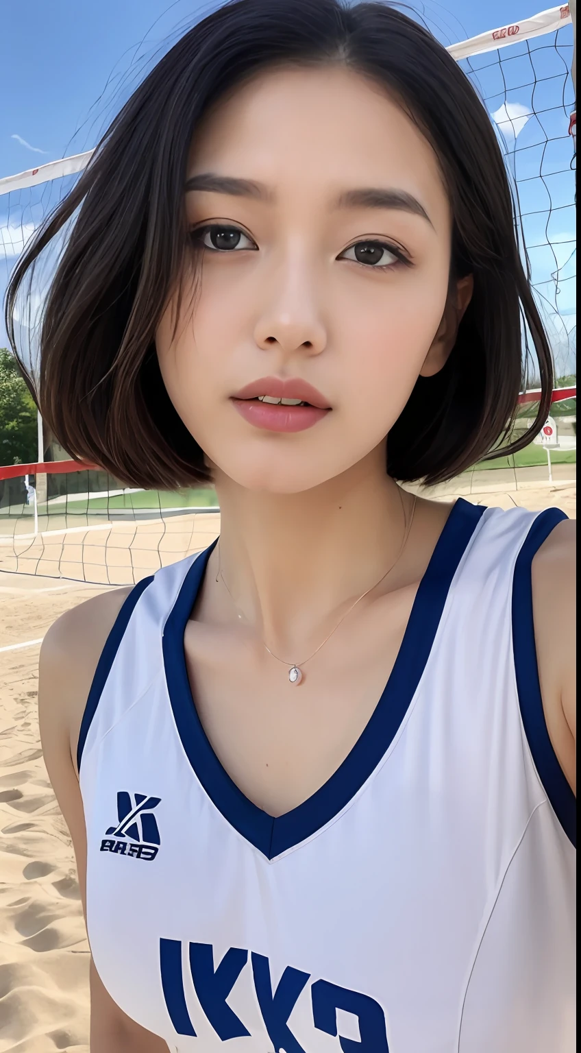 ((Best Quality, 8K, masutepiece:1.3, 1 girl, Beautiful Girl)), Cute, Dynamism, Detailed face, Detailed skin, Detailed eyes, Detailed lips, Detailed fingers, Detailed mouth, Round eyes, 二重まぶた, Tear bag, Photorealistic, Raw photo, Natural light, Perfect Anatomy, (short hair, sleeveless white volleyball uniform, outdoor, upper body), young, big breasts, sweaty, toned abdomen, volleyball court, beautiful sky, close up, collarbone, perfect beautiful face