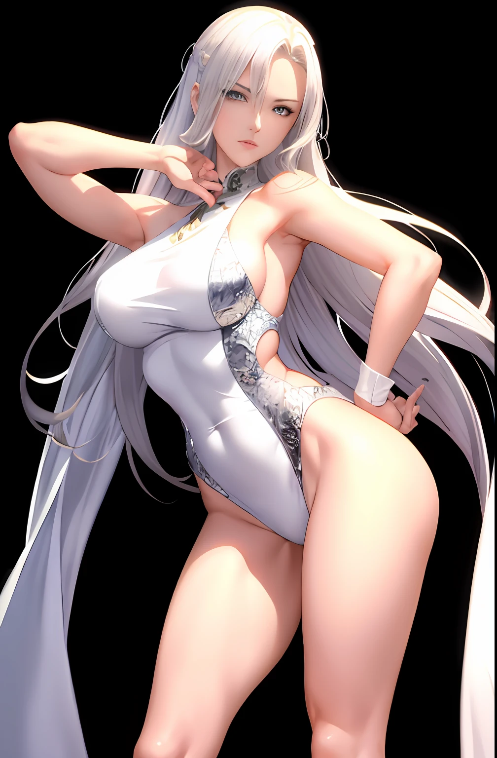 Master anime works,An impeccable masterpiece,8K picture quality: A mature noblewoman in cool sexy clothes standing on pure white background,Female boss,Flowing silver hair,Full-body standing,Slender legs,Straight breasts,Detailed facial details,Naturally beautiful standing,Vivid and authentic body details