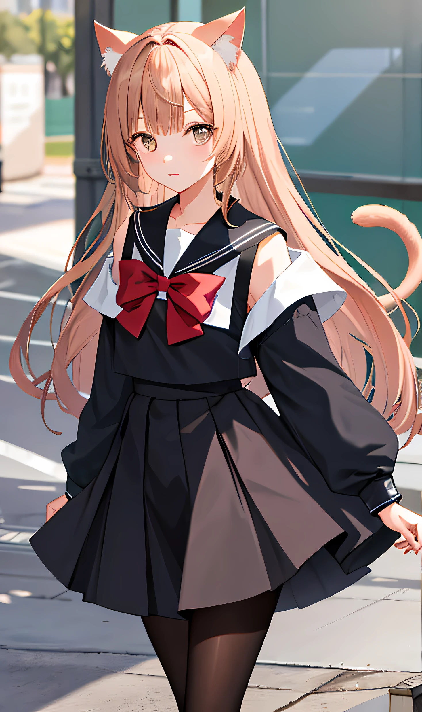1girll, (Masterpiece:1.1) Pantyhose, shoulder-length hair, bangs, cat ears, black sailor suit, short skirt, high school students