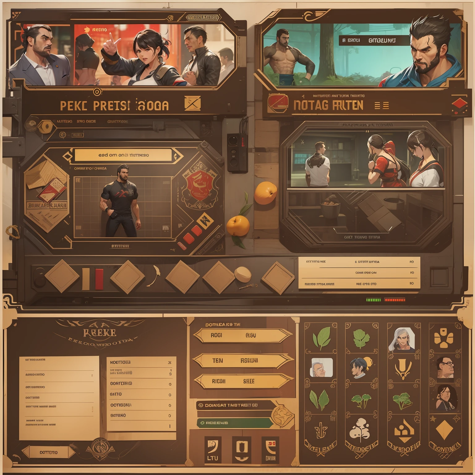 Menu Principal, jogo de luta, Estilo, Layout, title, options, HUD, UI, Lutador de rua, Rei dos Lutadores, Tekken, Fighting game user interface, barras de vida, Icons.