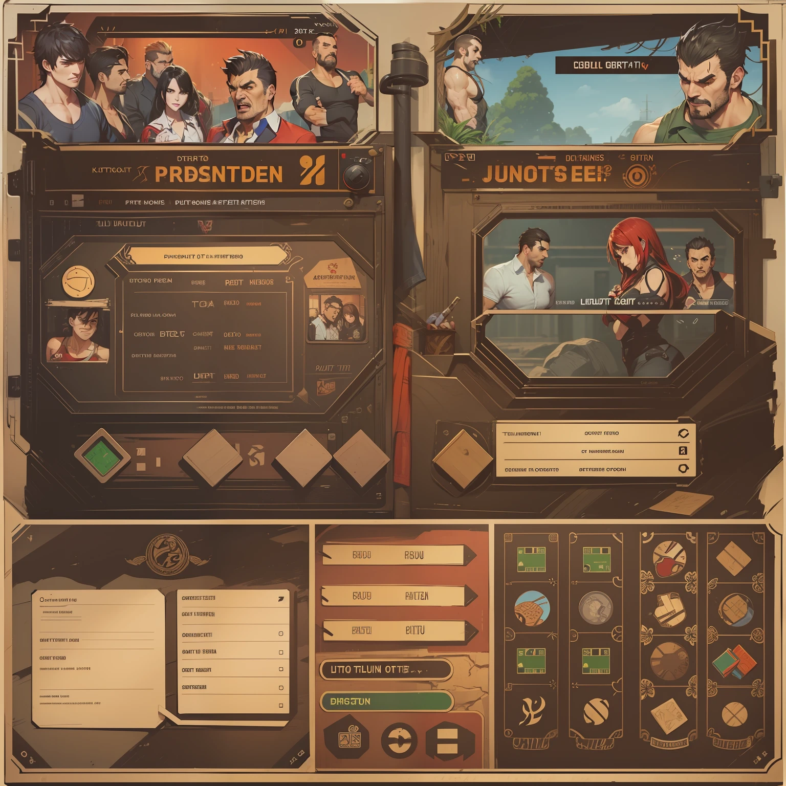 Menu Principal, jogo de luta, Estilo, Layout, title, options, HUD, UI, Lutador de rua, Rei dos Lutadores, Tekken, Fighting game user interface, barras de vida, Icons.