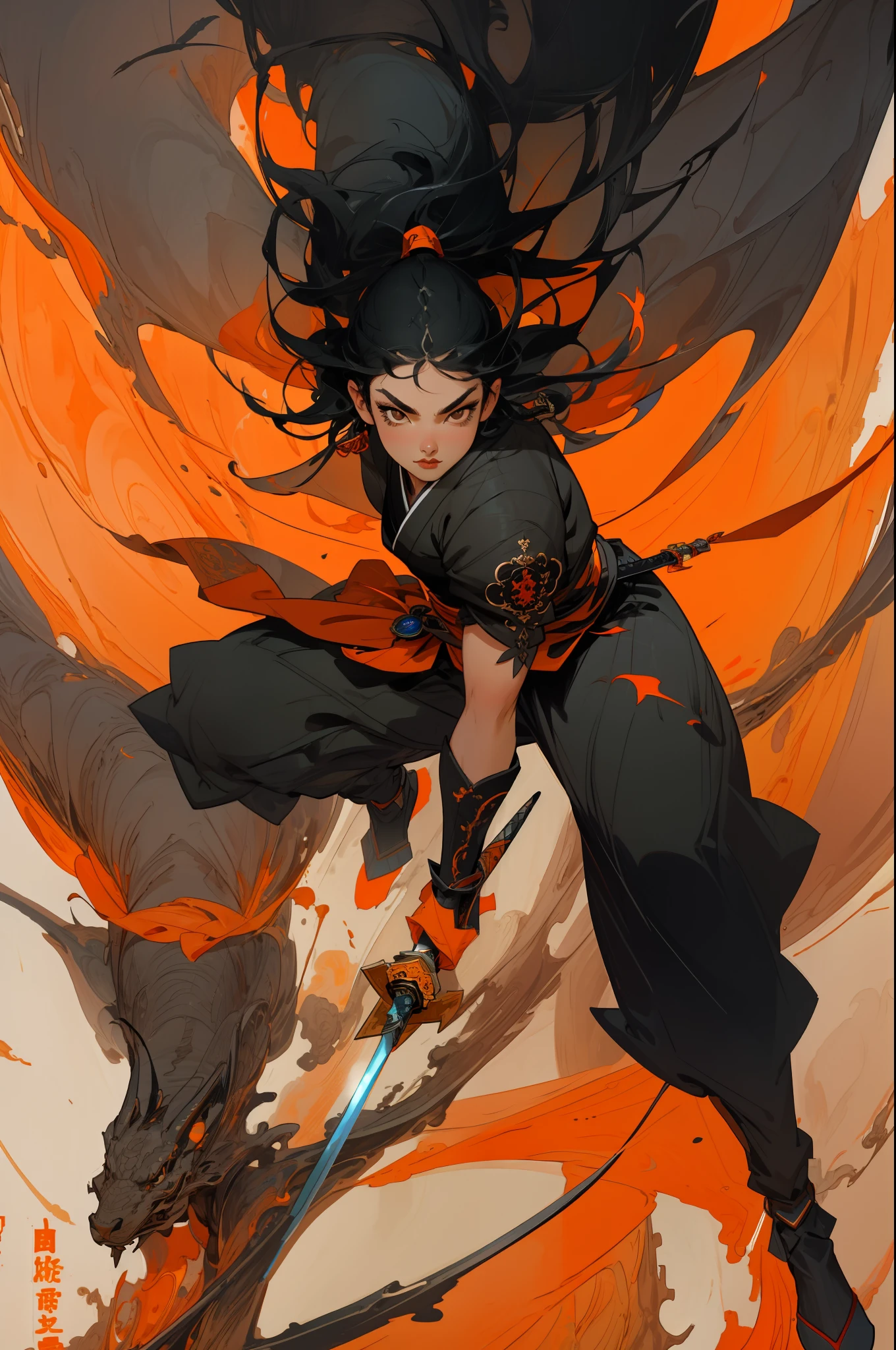 Best quality, masterpiece, ultra high res,1girl,beautiful_face, detailed skin, gu, dragon, full body, weapon, black hair, holding weapon, blood, arm guards, male focus, looking at viewer, black eyes, tabi, floating hairfull body, orange, leaning forward