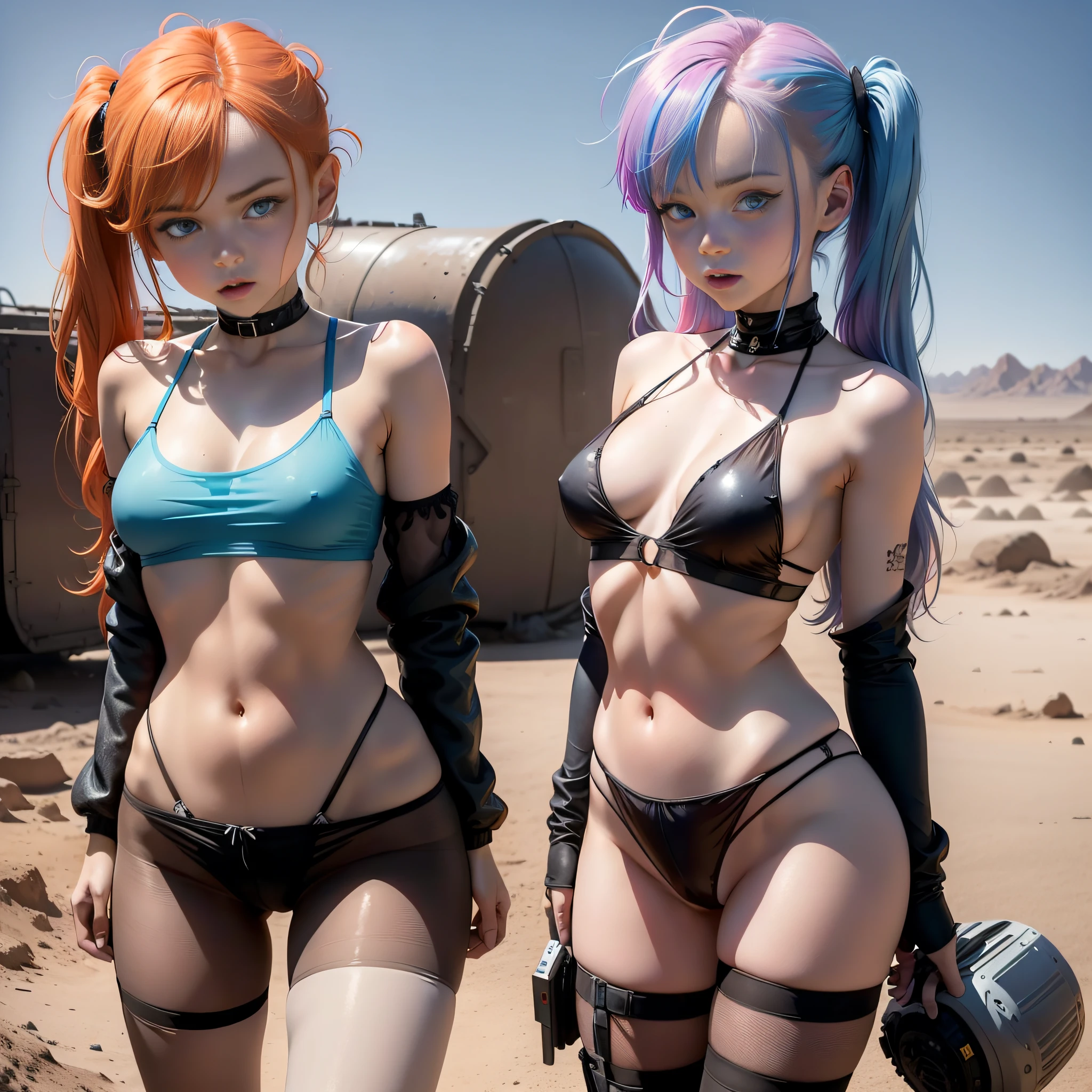 1 girl, solo, cute redhead in twin tails, ((slim female body)), ((full breasts)) multiple rainbow colored hair, perfect detailed blue eyes, happy, Ukrainian, petite, pale skin, wearing a ((sheer)) color bikini, (sheer) (pantyhose covering body up to the neck), post apocalyptic background, bleak barren desert, photo realistic.