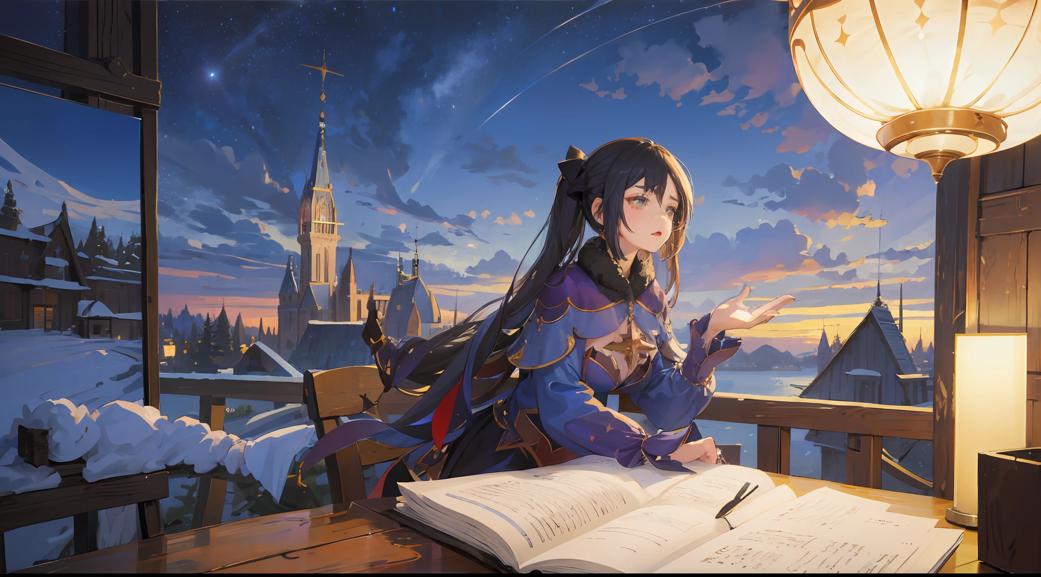 1girl,masterpiece, illustration, Mona Megistus, casual clothes, night time, magical, starry sky