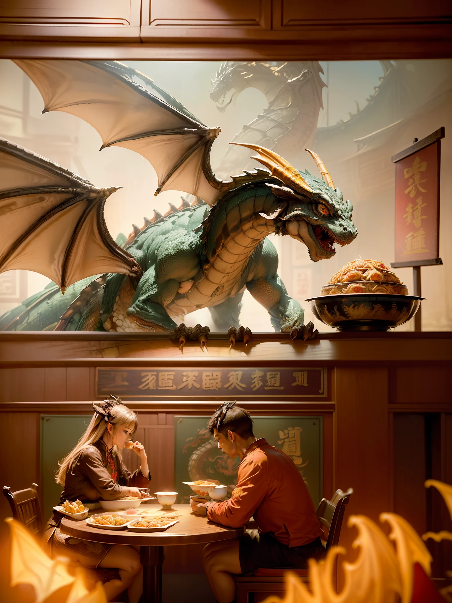 Absurd resolution、hight resolution、(masterpiece:1.4)、ultra-detailliert、(masterpiece:1.4),(top-quality)、Real Photo Writing、Details of face、((A picture of a dragon is drawn on a large sign of a Chinese restaurant:1.3))、((A picture of a dragon is drawn on a ramen bowl))、Customers sitting down to eat food