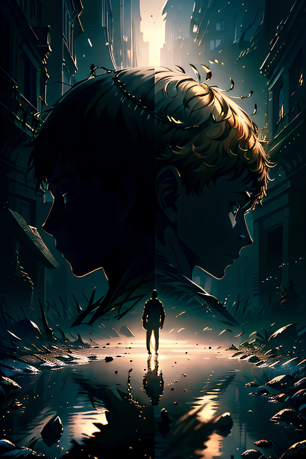 Unbeatable masterpiece，4K，（best qualtiy：1.4），（highly  detailed：1.4），detailed shadow，Wren seconds true，unreal-engine，cinmatic lighting，UHD，super detailing，realisticlying，Two boys back to back，One side symbolizes justice, the other symbolizes darkness, creating a stark contrast