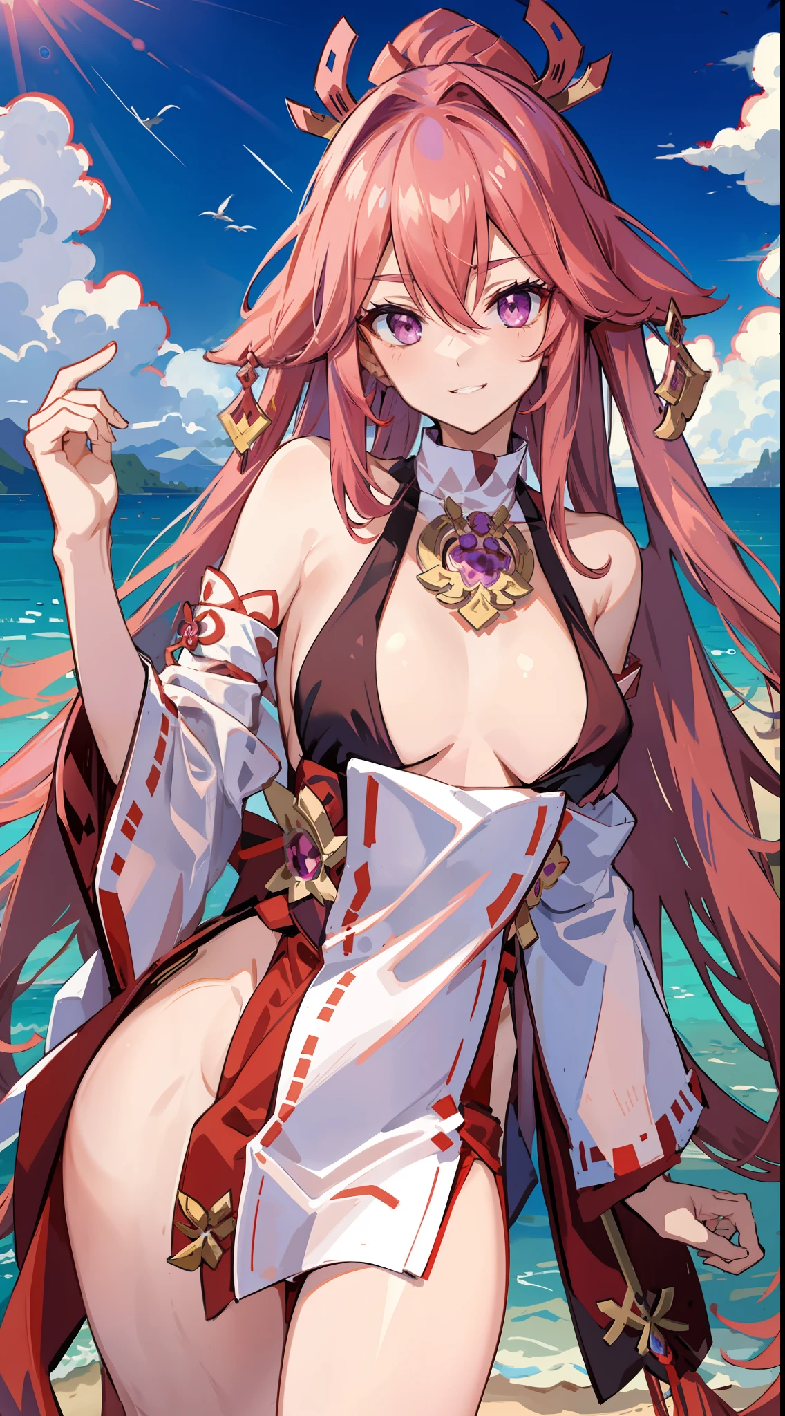 tmasterpiece，Need，1girll，Solo，cropped shoulders，cleavage，Raised sexy，Yae Miko，Pink Long Hair，red headgear，Hair above one eye，Purple eye，耳Nipple Ring，sharp look，Perfectly symmetrical figure，rays of sunshine，sandbeach，the sea，Greenery，Clouds