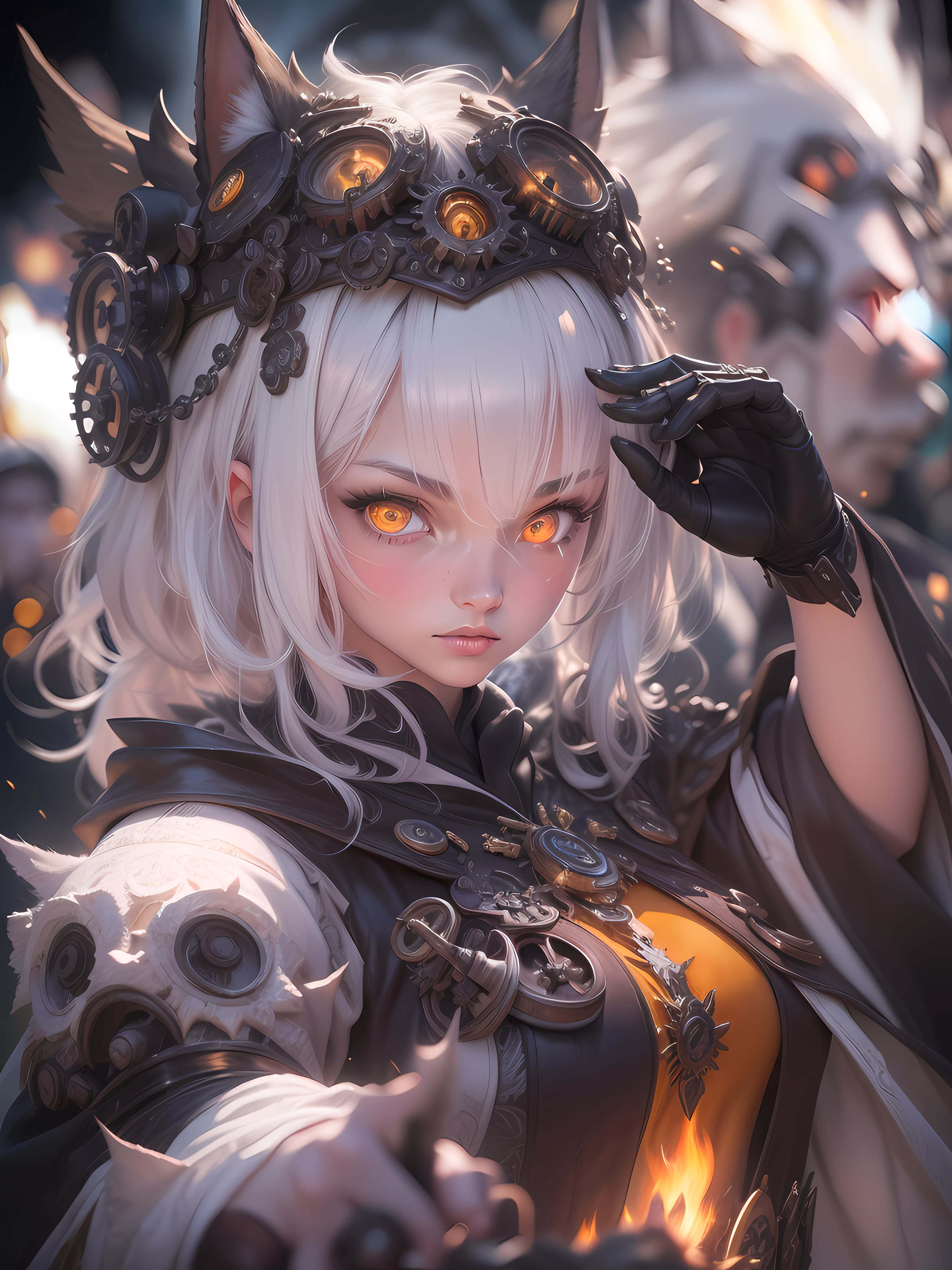 (1 japan girl, ember color fox ear, short silver hair, 15 year old (small breasts:1.3), (small head), pale skin, ((platinum hair color)), wearing cloth, wearing black cloak with gears (long robes, magical robes, technical wearing). dark church background, mechanism gears, industry technology, automaton, electric sparks cinematic atmosphere. ((amber eyes high quality, high quality face)), (extremely intricate robes, magical robes), Dynamic action poses in battle scenes, very complex and casting black flame, swirling fire, radiating power, smoke, magic black flame ((dramatic)), bokeh, gothic, ember particles, skulls and lit candles red glow, shadows, low camera angle, (detailed eyes:1.3), (detailed face:1.3), (perfect hands:1.3). realistic shadows, ultra detailed high resolution, sharp focus, depth of field, (Masterpiece:1.2) (photorealistic:1.2) (best quality) (intricate details) (High Poly) (Raytracing), (neutral colors:1.2), (hdr:1.4), (muted colors:1.2), hyperdetailed, (artstation:1.4), cinematic, cold lights, dramatic light, (intricate details:1.1), (teal and orange:0.4)", detailed background, (steam-punk theme:1.1) determined expression, floating lights.