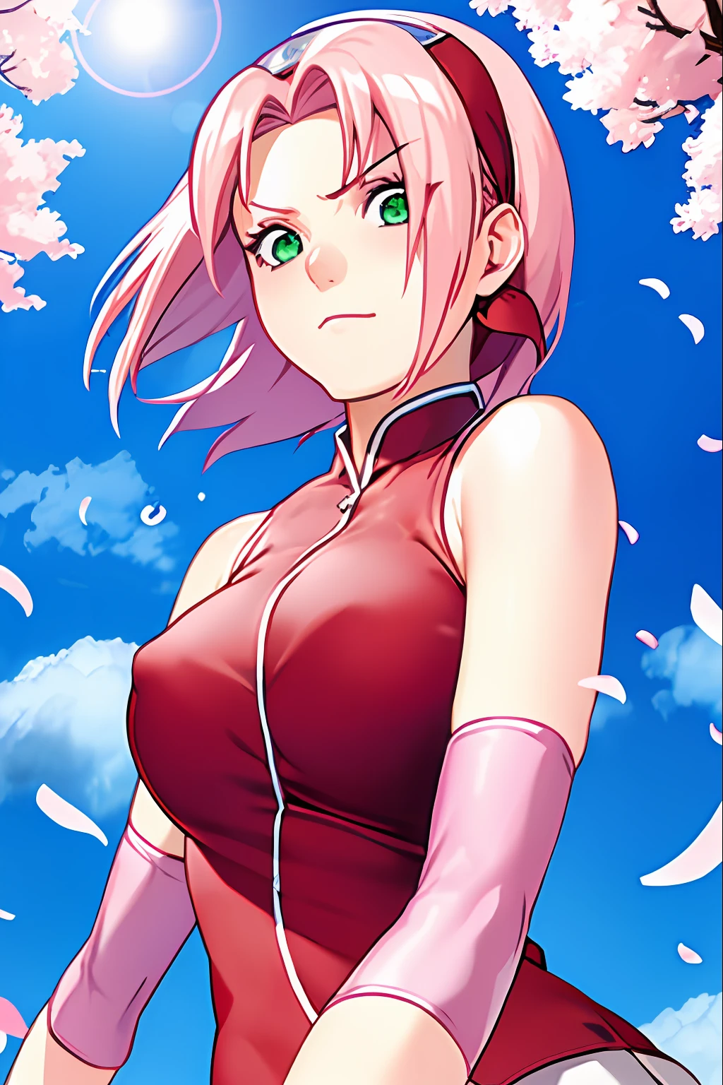 haruno sakura, naruto \(series\), naruto shippuuden, anime art style, masterpiece, 

looking at viewer, upper body, 

fighting pose, clenched hands, closed hands, contracted fingers, arm stretched out, raised fist, about to punch, detailed fist,  focus fist,

red shirt, shirt, short hair, sleeveless, sleeveless shirt, forehead protector, hairband, konohagakure symbol on hairband, 

1girl, solo, bangs, breasts, closed mouth, elbow sleeve, eyes visible through hair, floating hair, foreshortening, green eyes, hair intakes, parted bangs, pink hair, small breasts, v-shaped eyebrows, detailed background, outdoor, cherry blossoms, sky, cloud, wind, day, sunlight, ((large breasts)), ((topless)),