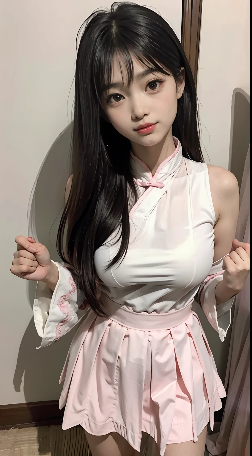 Master quality, highest quality, best picture quality, exaggerated details, a princess cute 8 year old asian little girl with a shy expression, slightly squinted eyes, adjusting her hair, long eyelashes (long hair / very, very exaggerated big breasts, big tits / in pink white pentticoat, qipao dress, short skirt), posing in front of the camera, wet breast see under wear, open hanfu