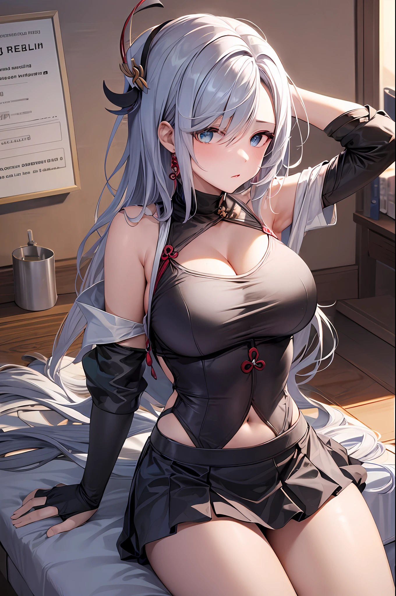 1shenhe, silver hair, large breasts, underwear, in, cleavage, navel, t-shirts, (brachial), skirt, lie, Body, sexy, sitting