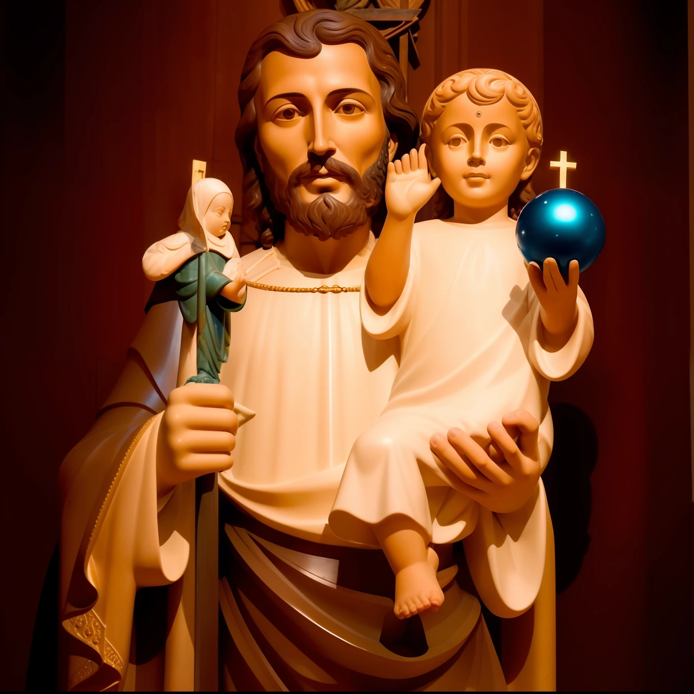 Arafed statue of a man holding a child and a blue ball, Com o Menino Jesus, padroeiro do 🛸🌈👩🏾, roman catholic icon, orthodox saint christopher, catholic icon, imagens sagradas, iconografia religiosa, christian saint, Catholic, santo, Holy, Jesus Gigachad, Santo ortodoxo, imagens religiosas, escultura religiosa, iconografia sagrada