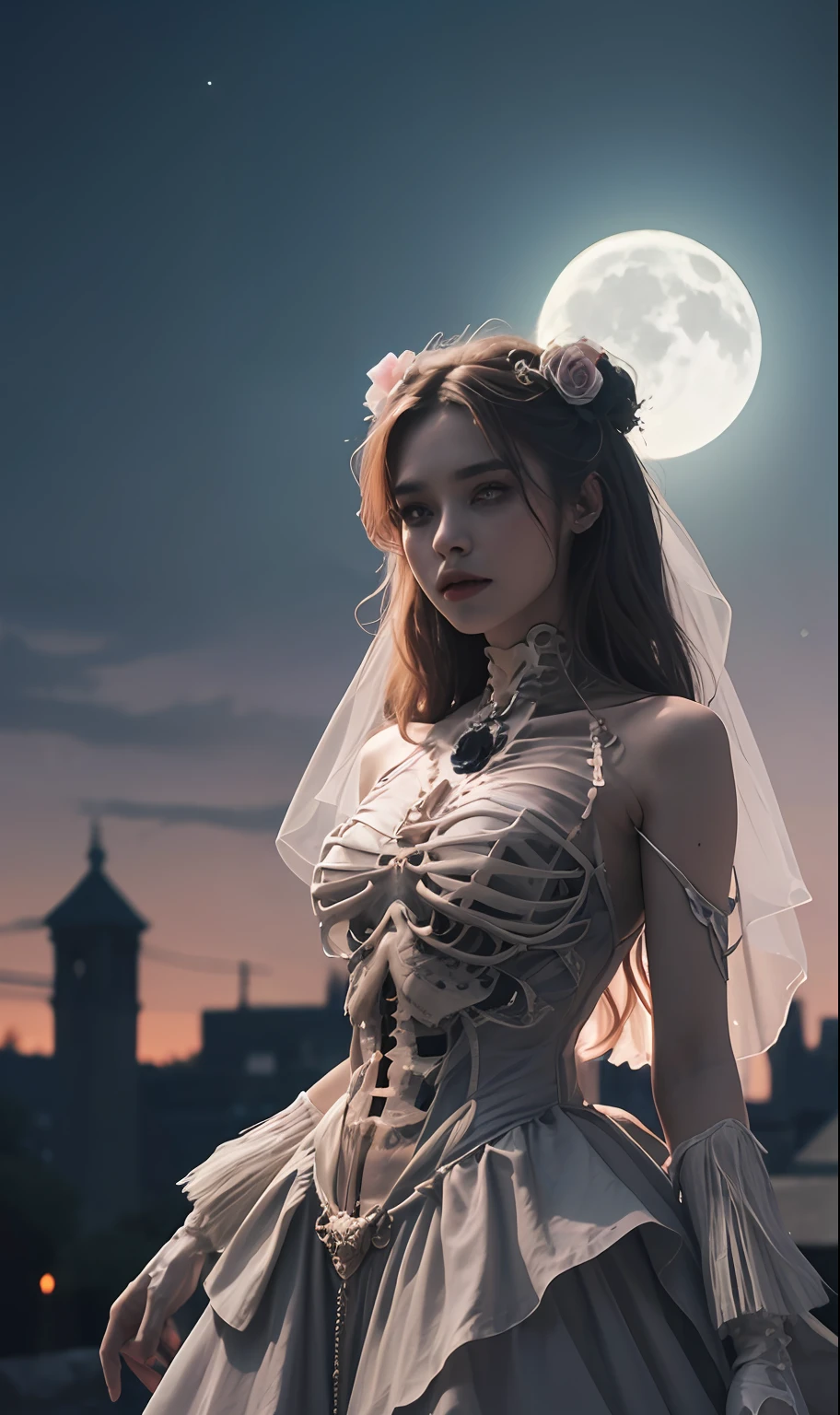creepy, full moon, fantasy, skeleton bride, solo, wedding, rose, tombstone mobile wallpaper, psychedelic, ((masterpiece, high resolution)), dubbing, Pinterest, Instagram posts, ((8k, high detail)), dark lightning, ((line art)), (man type), broad shoulders, hard trance