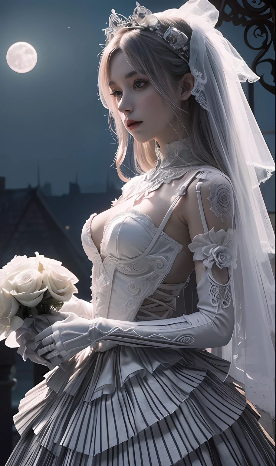 creepy, full moon, fantasy, skeleton bride, solo, wedding, rose, tombstone mobile wallpaper, psychedelic, ((masterpiece, high resolution)), dubbing, Pinterest, Instagram posts, ((8k, high detail)), dark lightning, ((line art)), (man type), broad shoulders, hard trance
