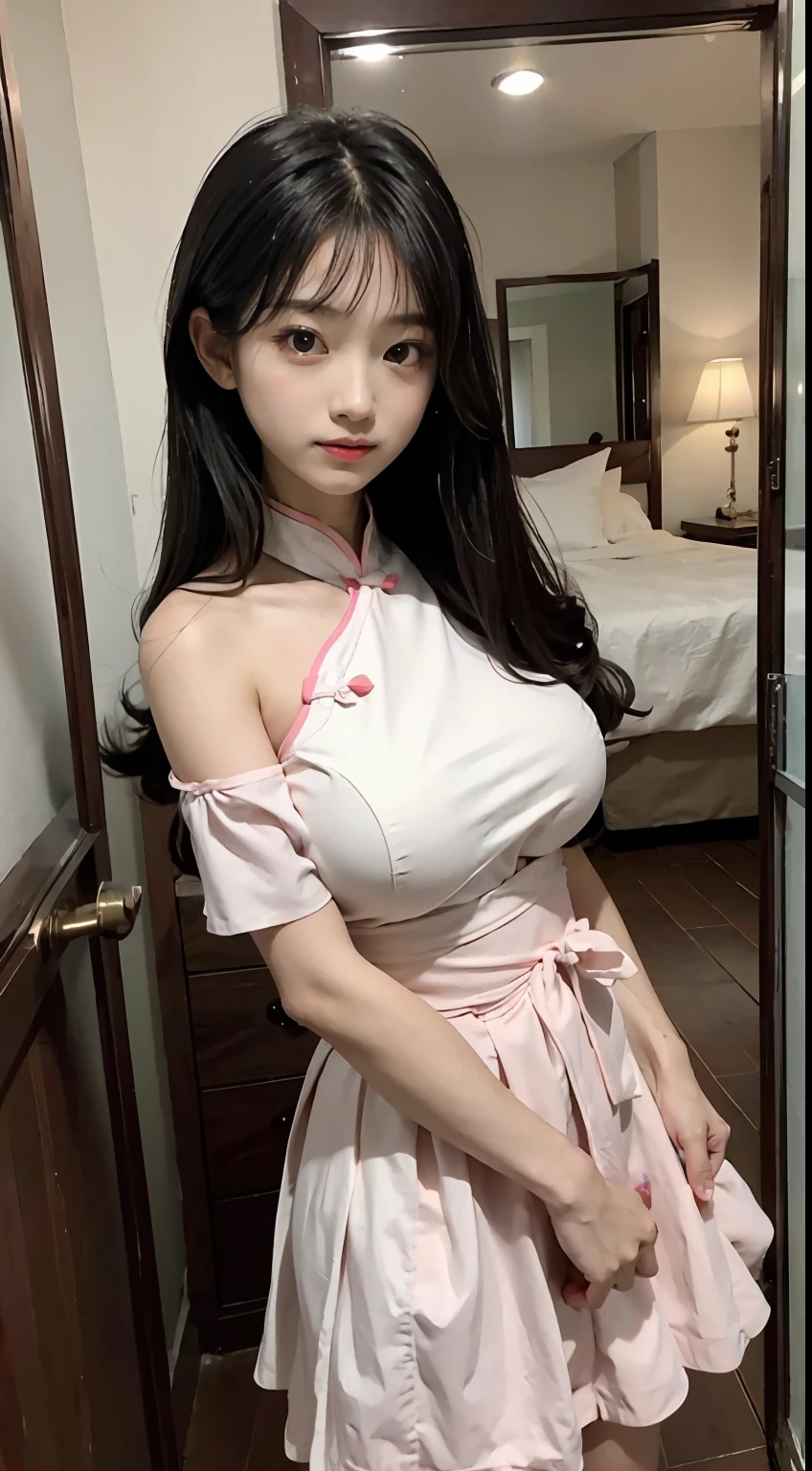 Master quality, highest quality, best picture quality, exaggerated details, a princess cute 8 year old asian little girl with a shy expression, slightly squinted eyes, adjusting her hair, long eyelashes (long hair / very, very exaggerated big breasts, big tits / in pink white pentticoat, qipao dress, short skirt), posing in front of the camera, wet breast see under wear, open hanfu