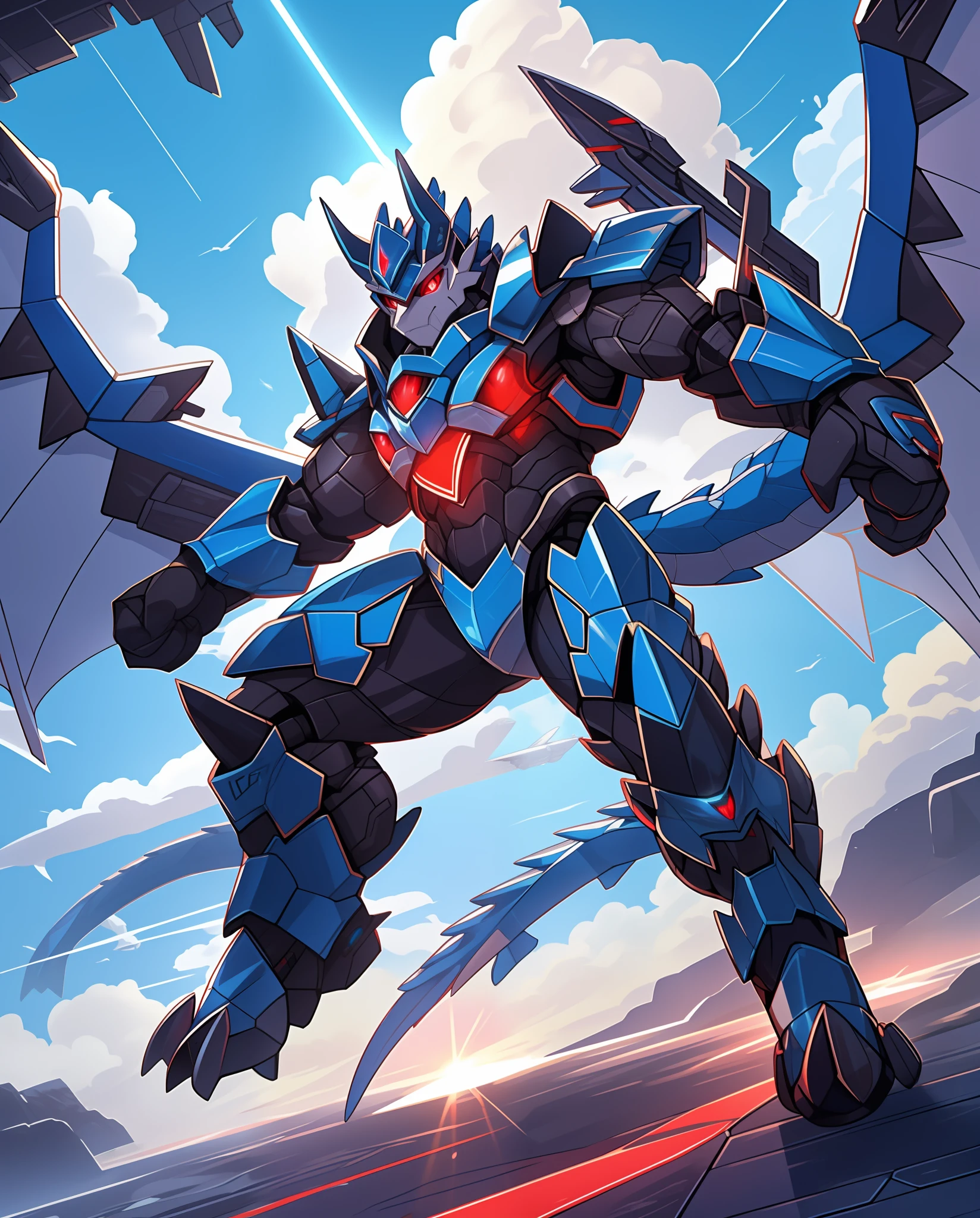 Anthropomorphic Lizard, light blue scales and light blue tail, blue mecha armor, fighter jet-like sky-blue wings that glow neon blue, black horned headgear with glowing red gem, glowing red eyes, flying among the clouds, masterpiece, best quality