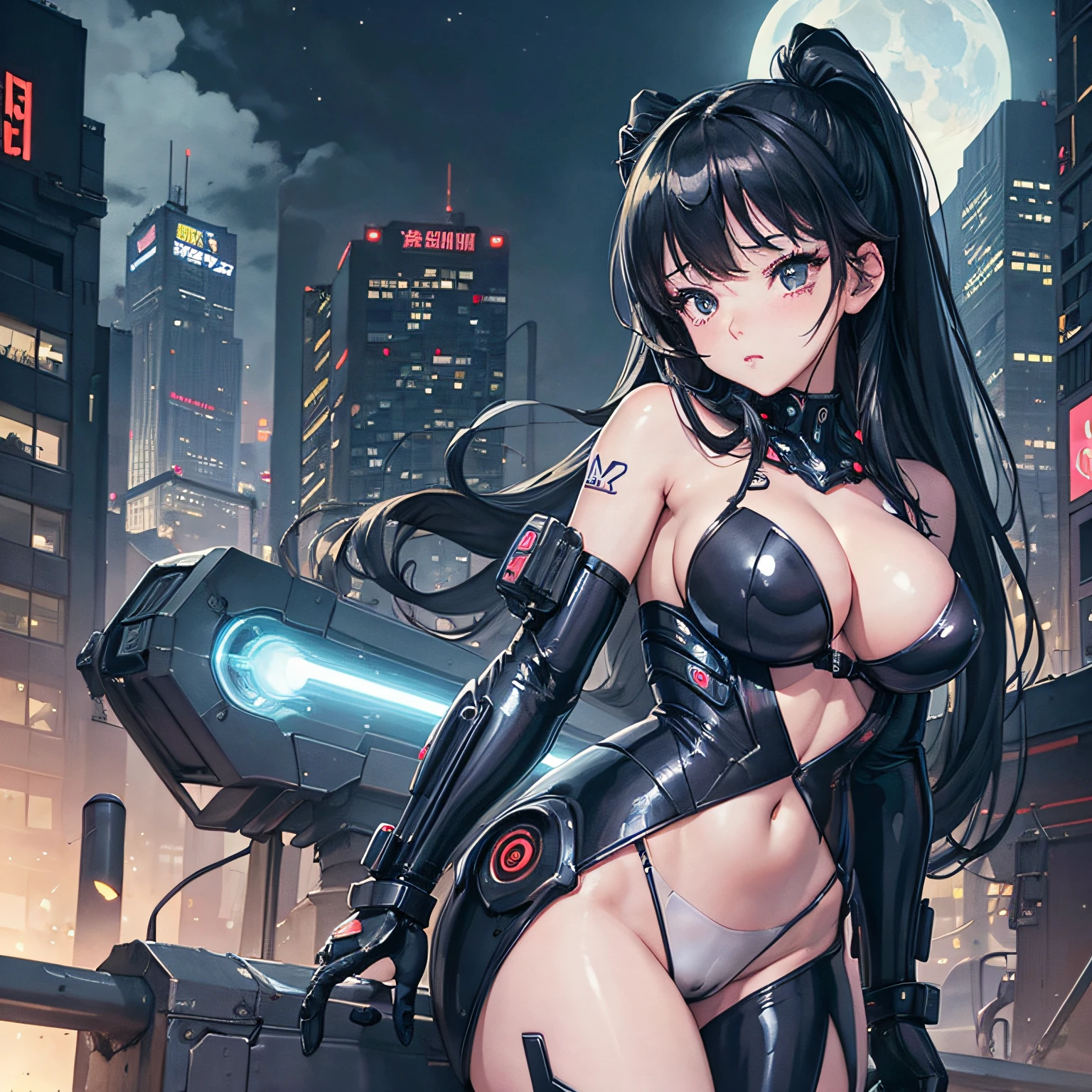 realisitic、tits out、Cyberpunk、cleavage of the breast、Beautifully shaped breasts、Overexposed、Cyber City、a moon、Moon Night、nightcity、((top-quality)), ((​masterpiece)), (high-detail:1.3), 3D, Beautiful fece、mechanical suit、Near Future Cyber Suit、Black Cybersuit、Black Robot Costume、bustup、Kamimei、machinery suit